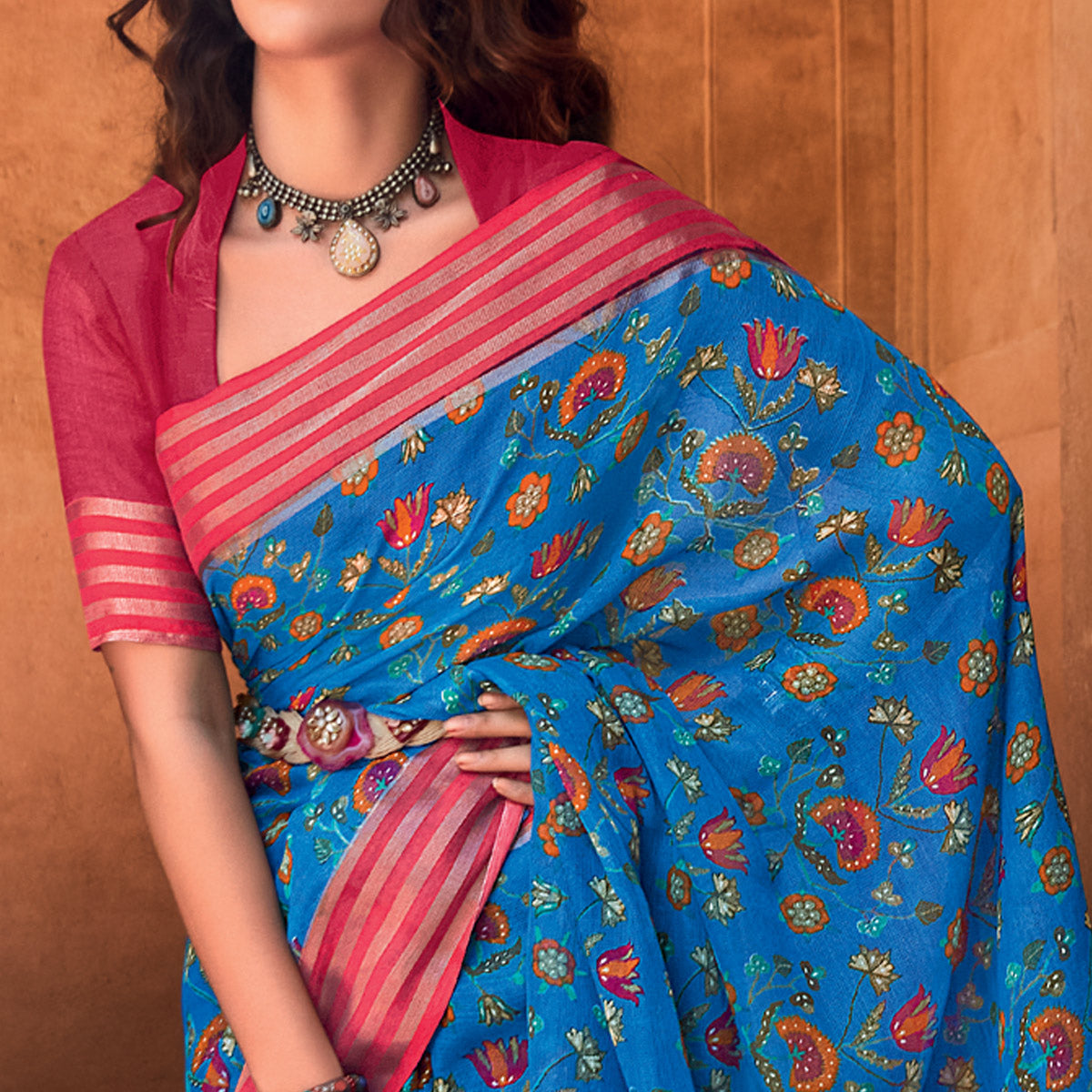 Blue Floral Printed Linen Saree