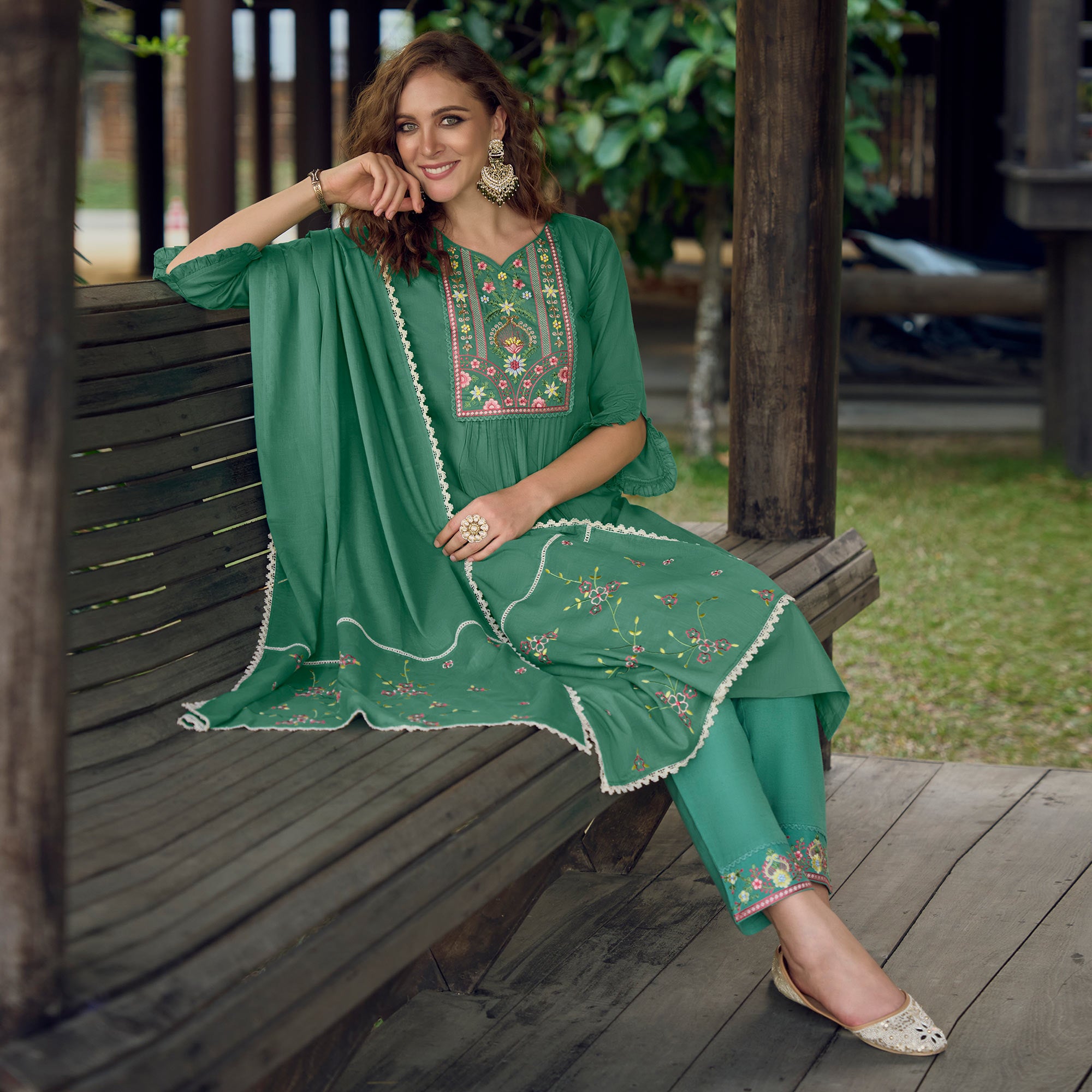 Sea Green Embroidered Pure Cotton Suit