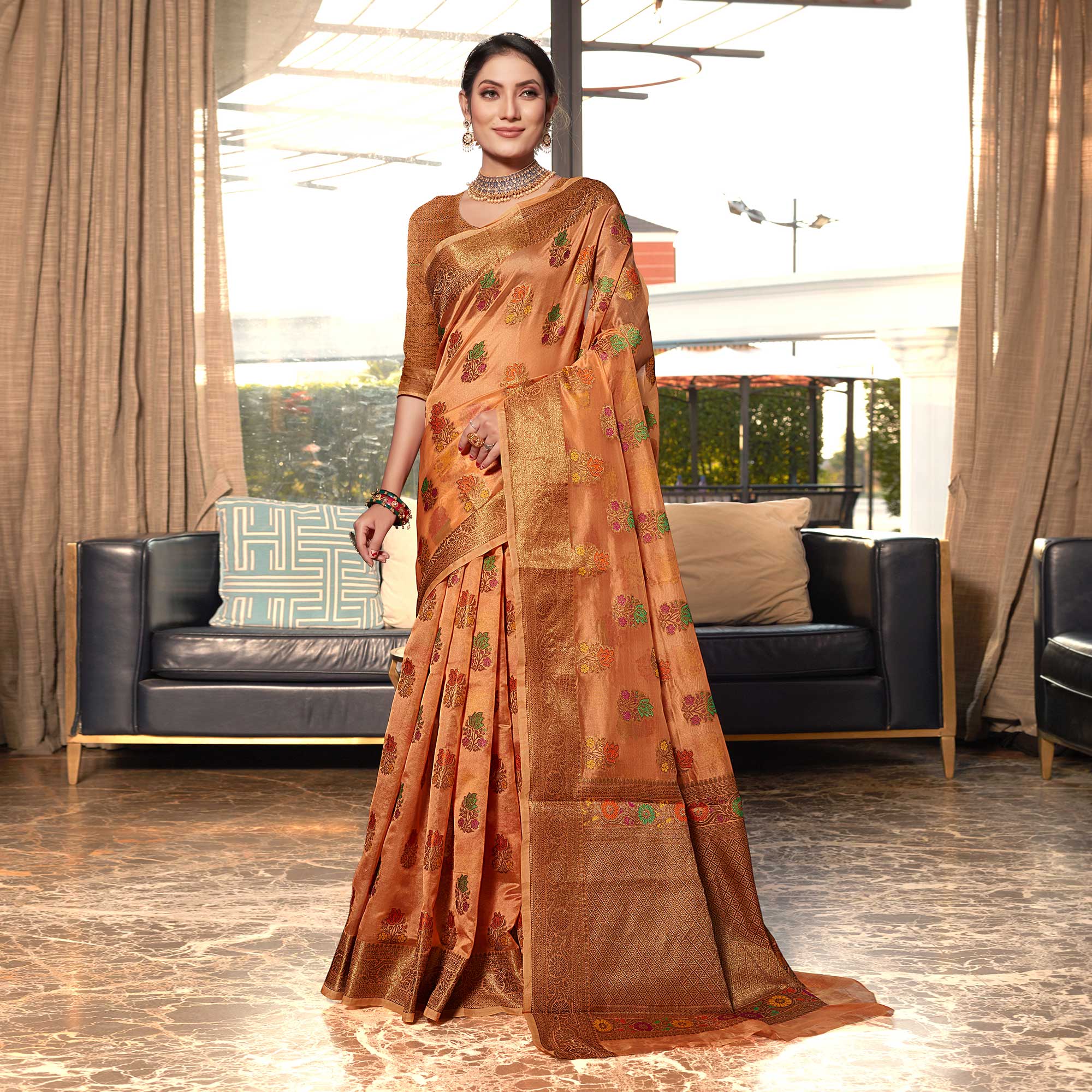 Peach Floral Woven Organza Saree