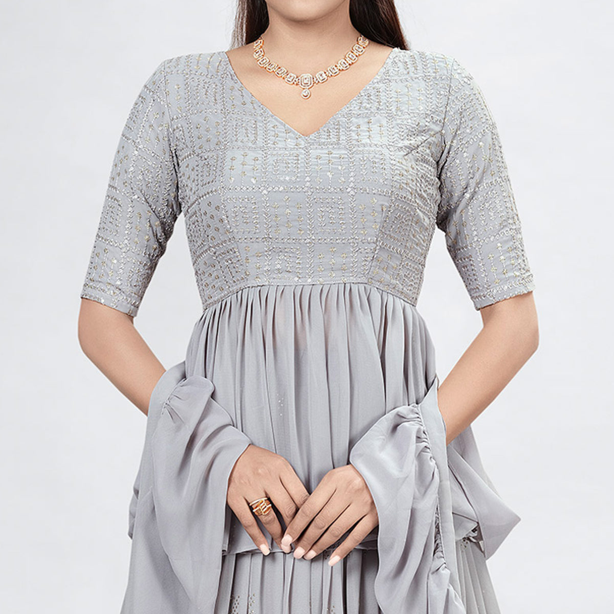 Grey Embellished With Embroidered Georgette Lehenga Choli
