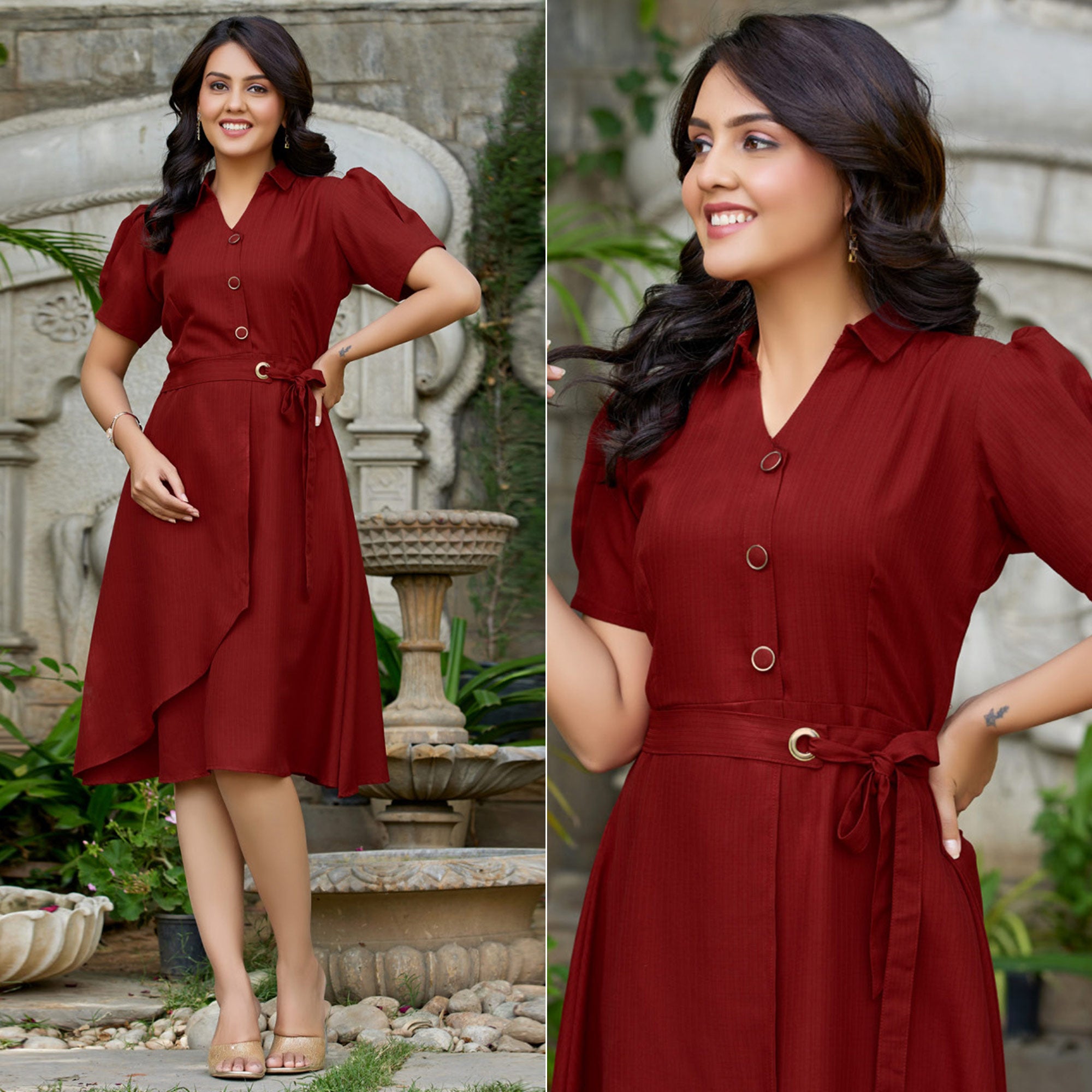 Maroon Solid Cotton Dress