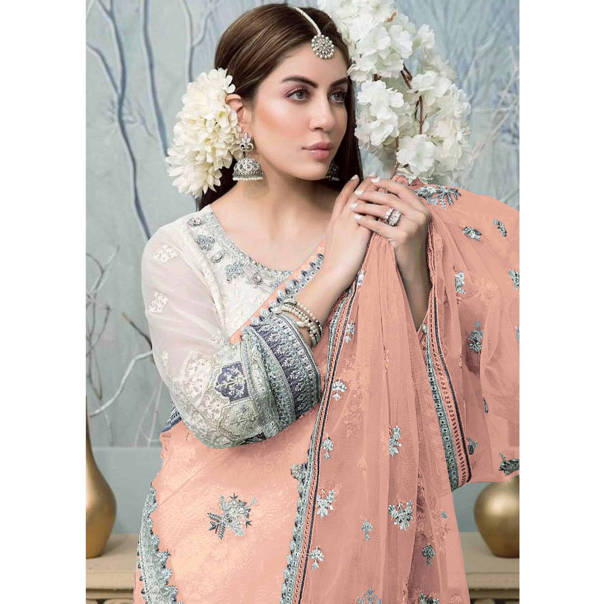 White Embroidered Georgette Pakistani Suit