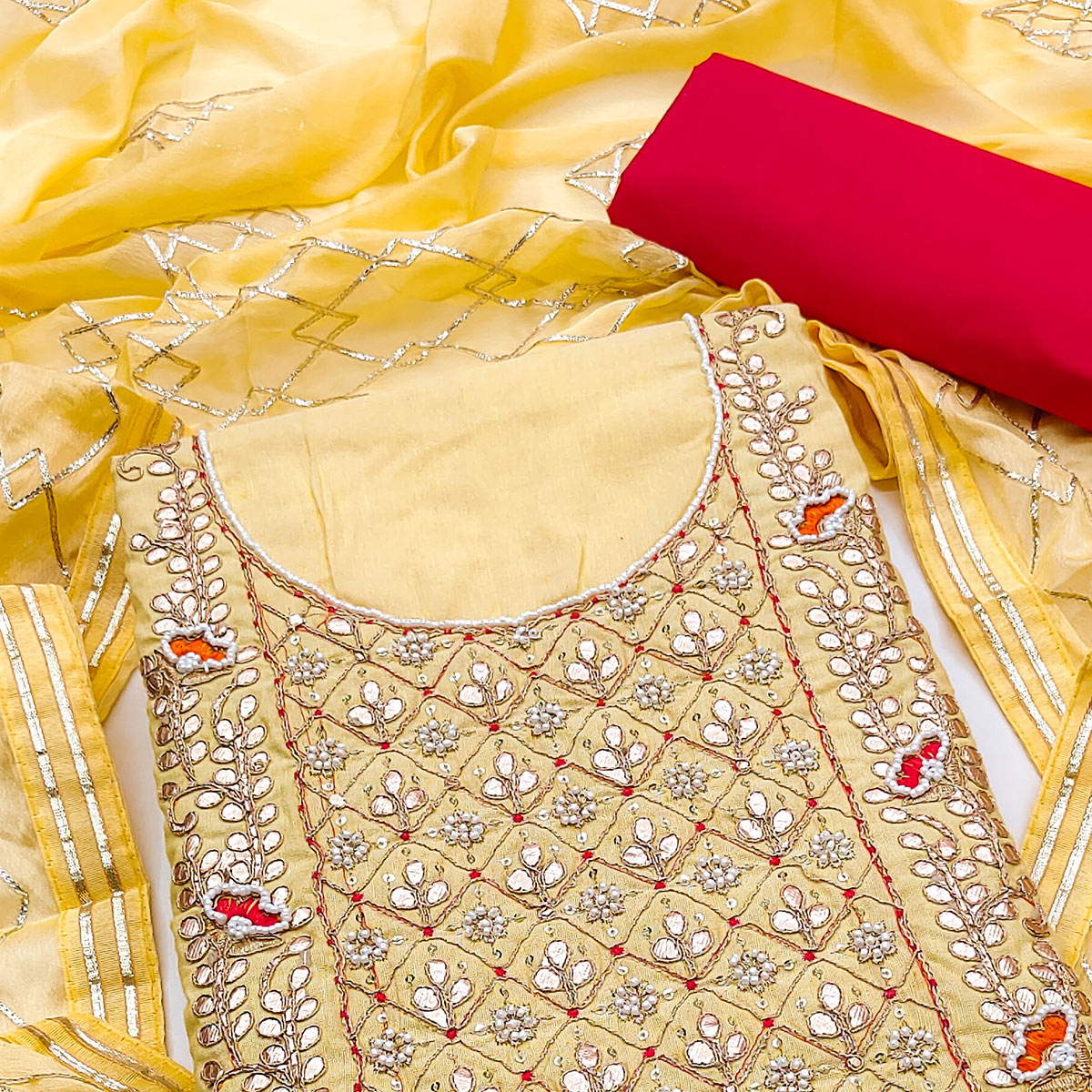 Yellow Embroidered Cotton Blend Dress Material