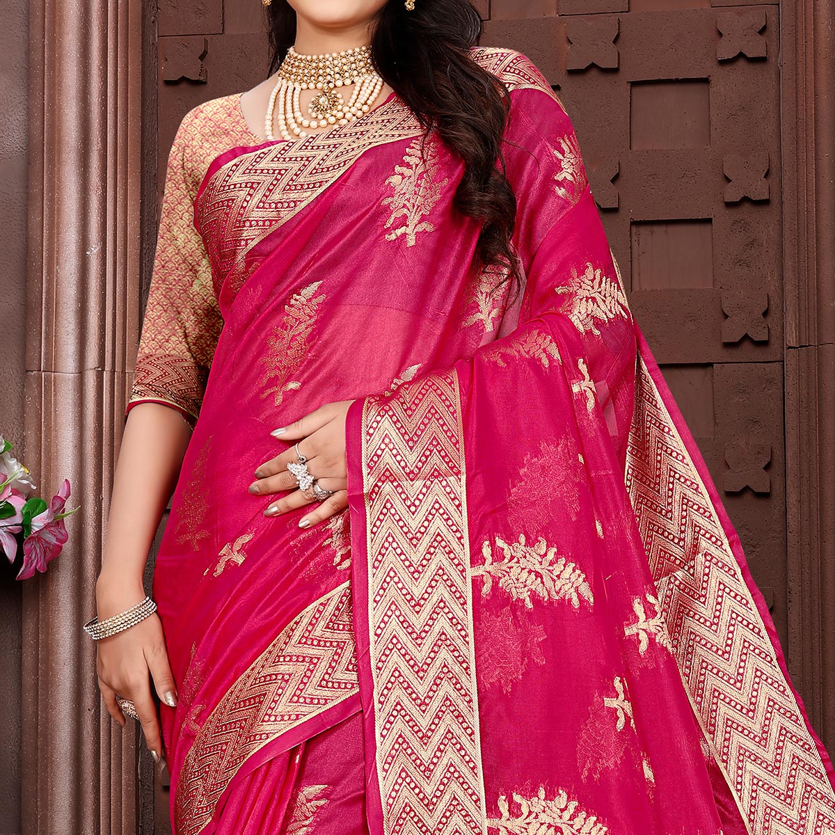 Rani Pink Floral Woven Organza Saree