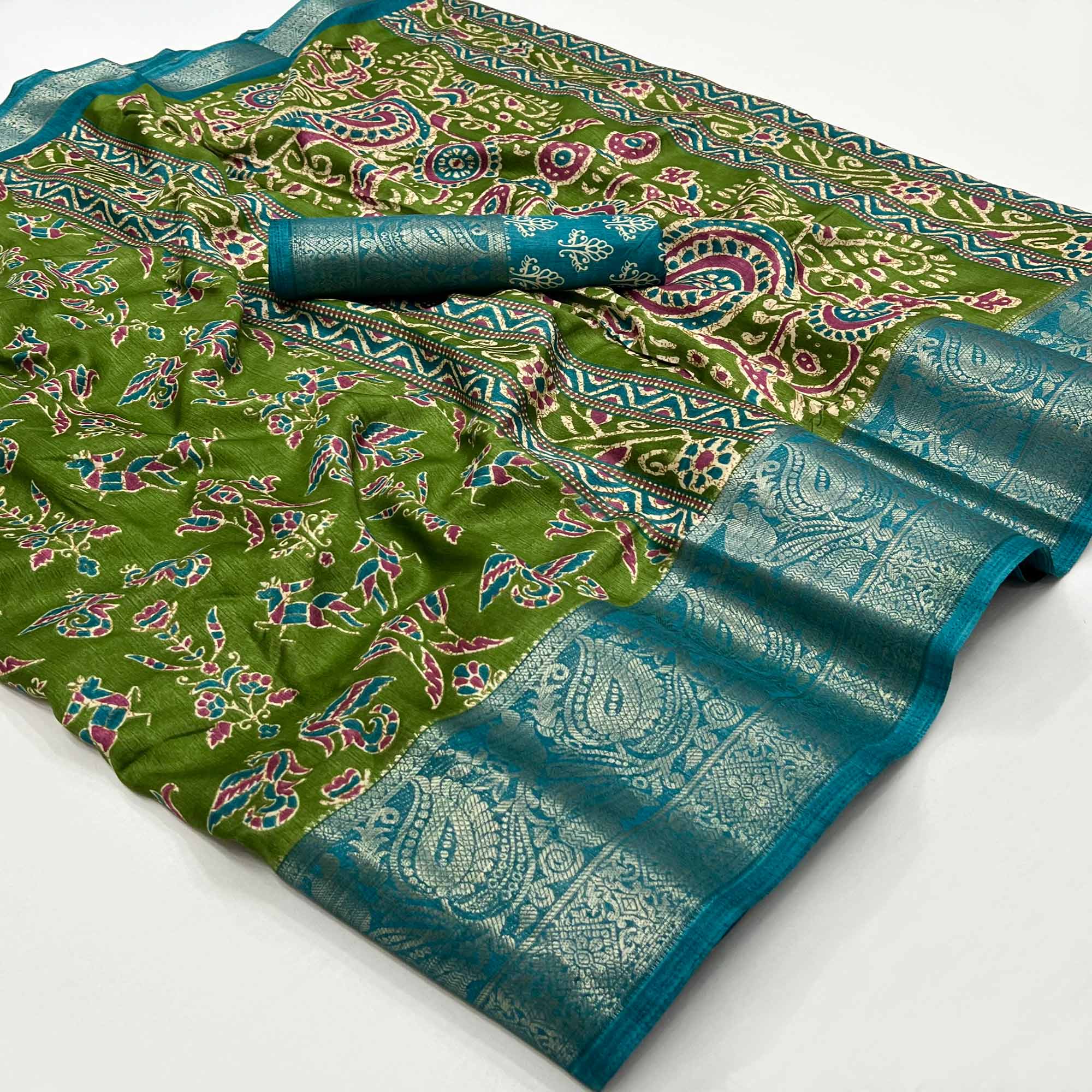 Green Blue Printed With Woven Border Dola Silk Saree
