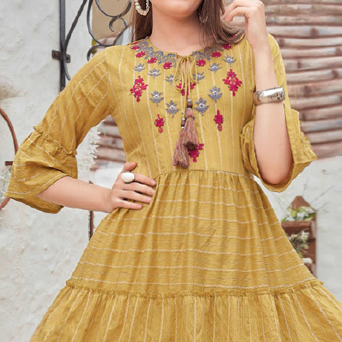 Mustard Floral Embroidered Rayon Dress