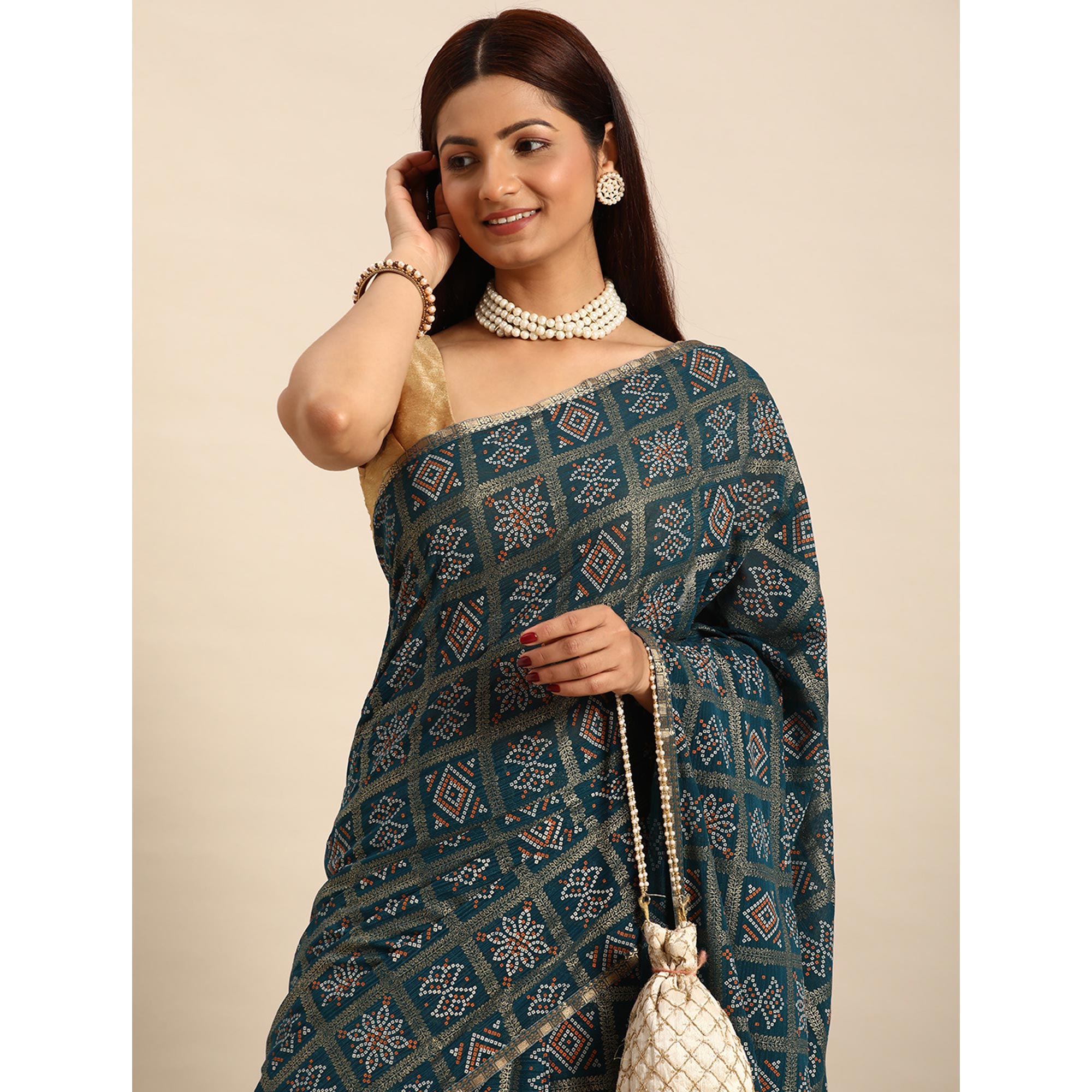 Blue Bandhani Foil Printed Zomato Saree With Tassels