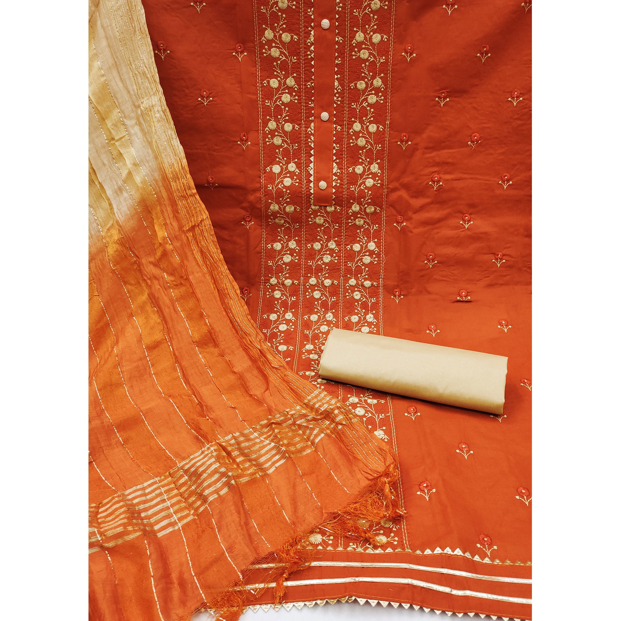 Orange Floral Embroidered Cotton Blend Dress Material