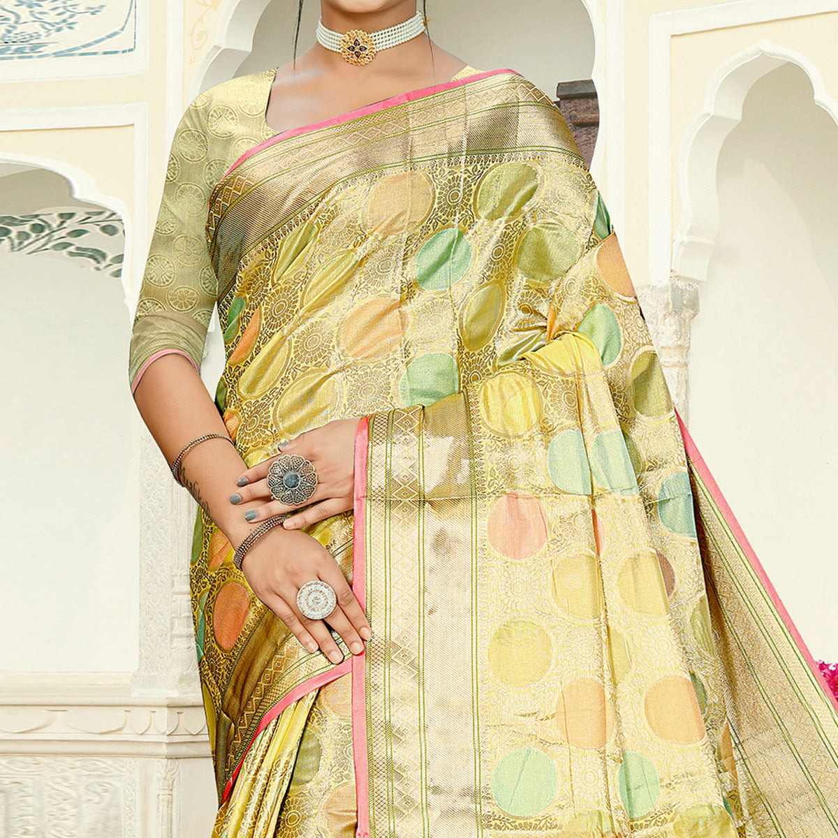 Lemon Green Floral Woven Organza Saree With Tassels