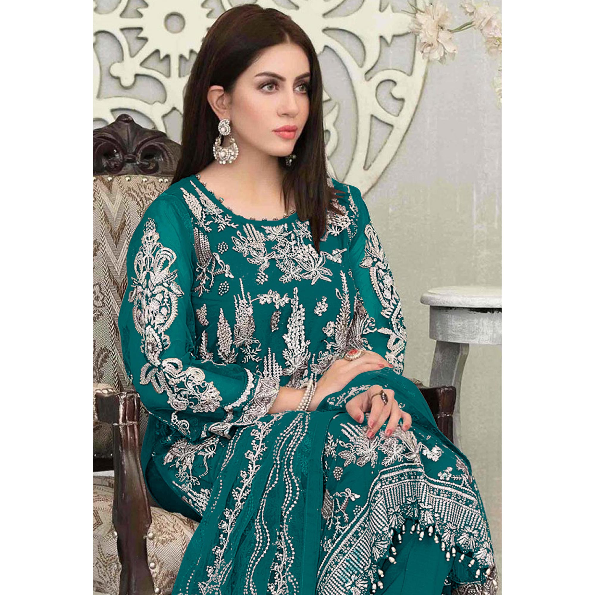 Teal Blue Floral Embroidered Georgette Pakistani Suit