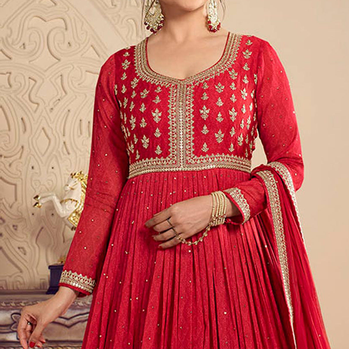 Red Printed With Embroidered Chiffon Gown