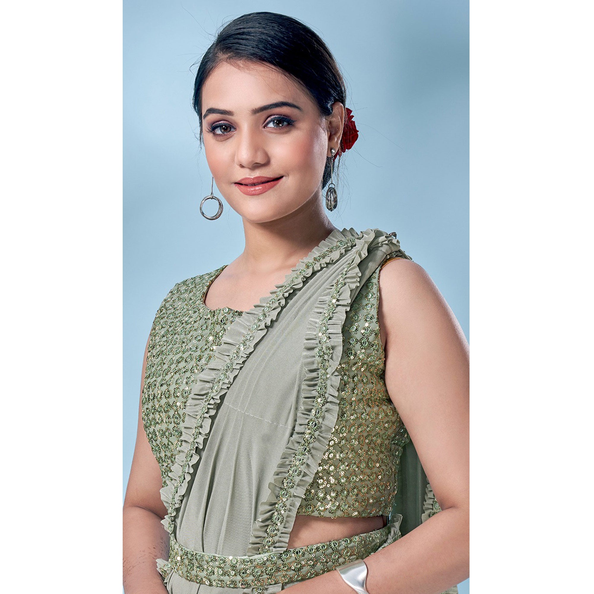 Green Sequins Embroidered Ready to Wear Lycra Saree