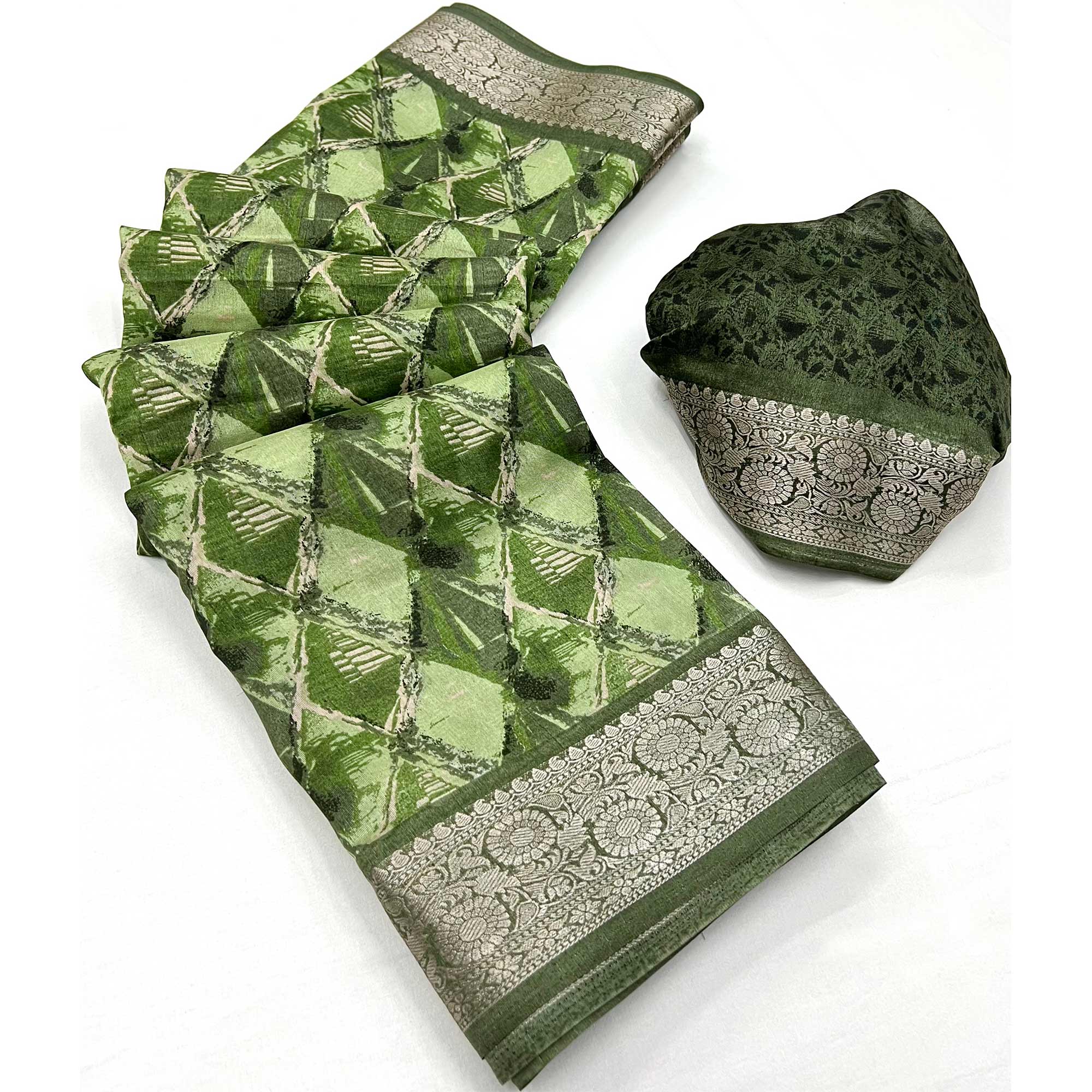 Pista Green Floral Printed With Woven Dola Silk Saree