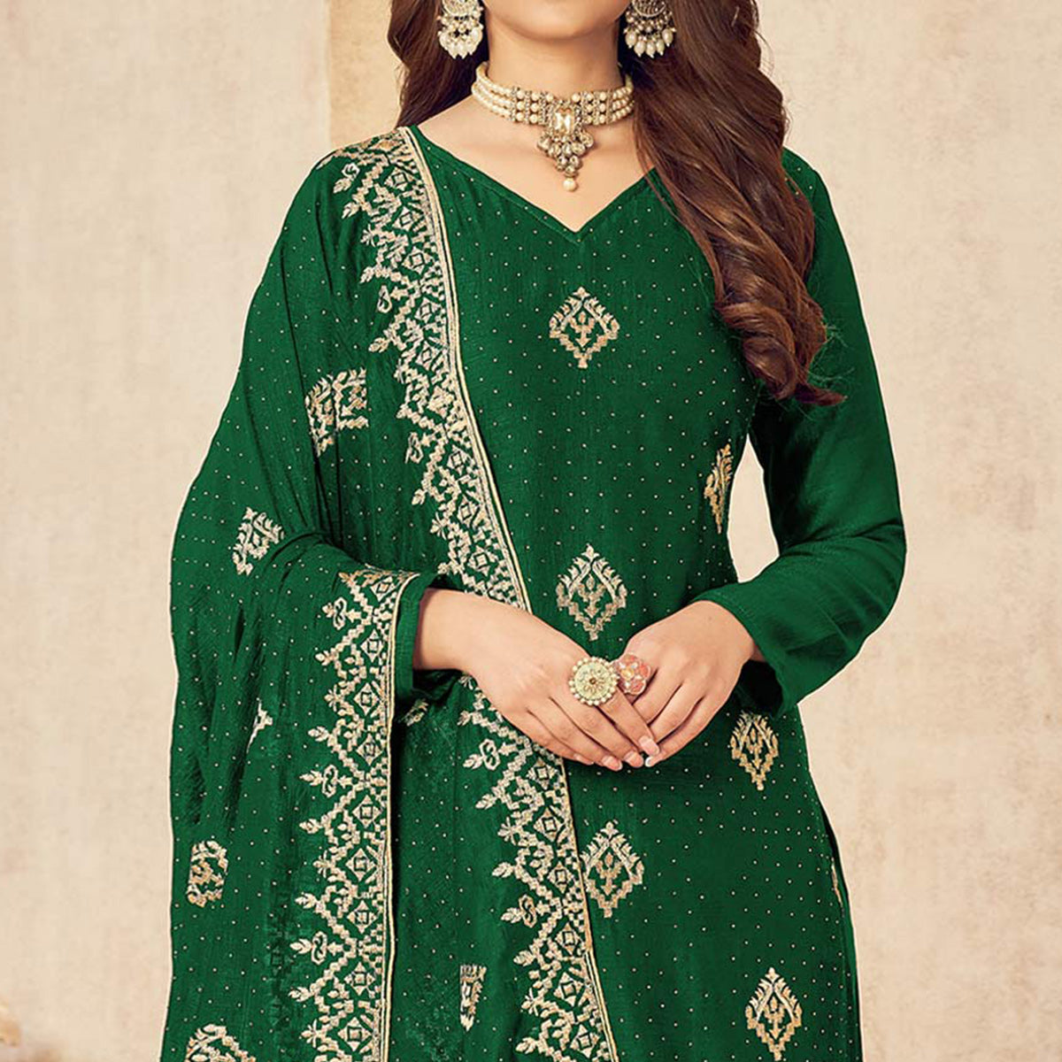 Green Embroidered Vichitra Silk Suit