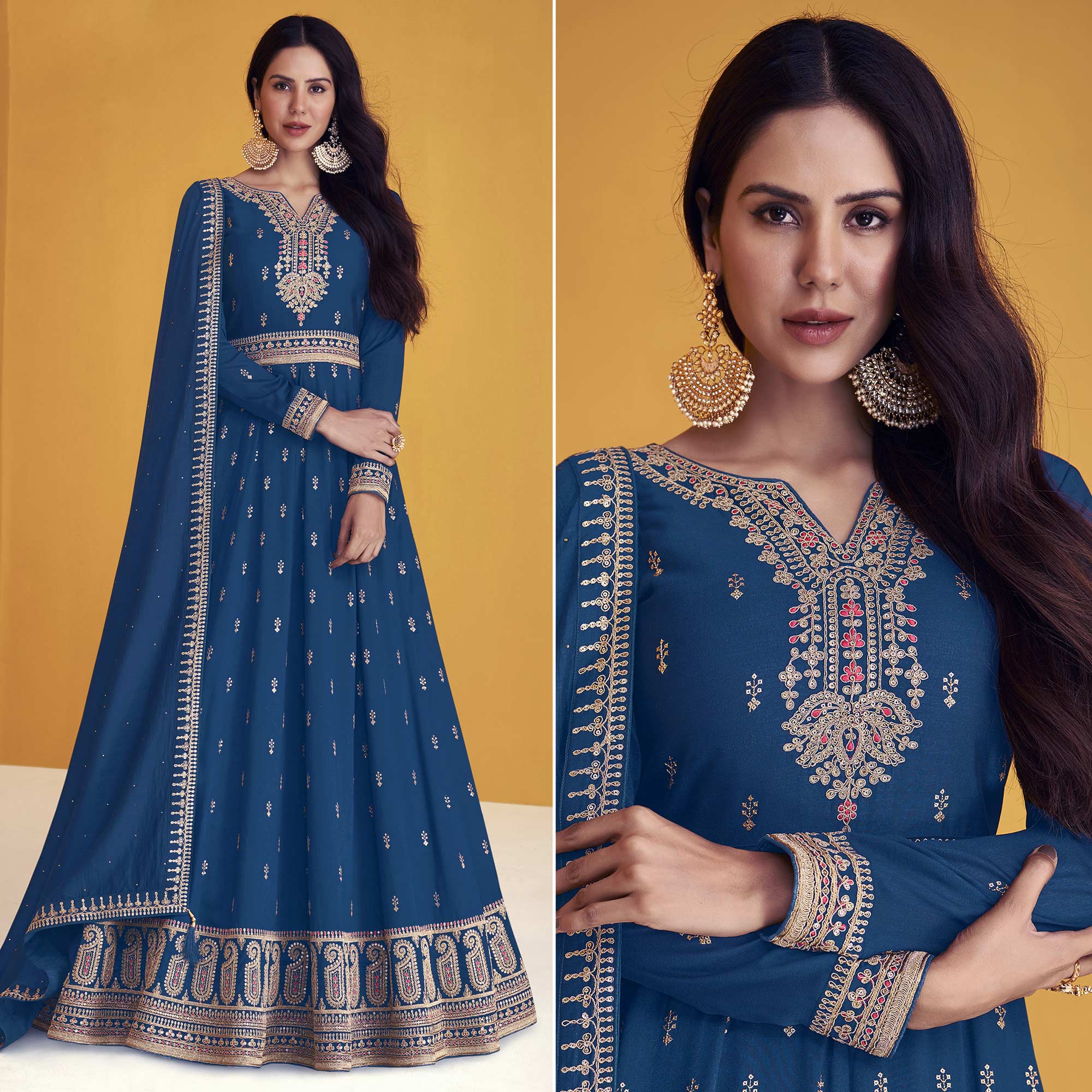 Blue Sequins Embroidered Georgette Semi Stitched Anarkali Suit