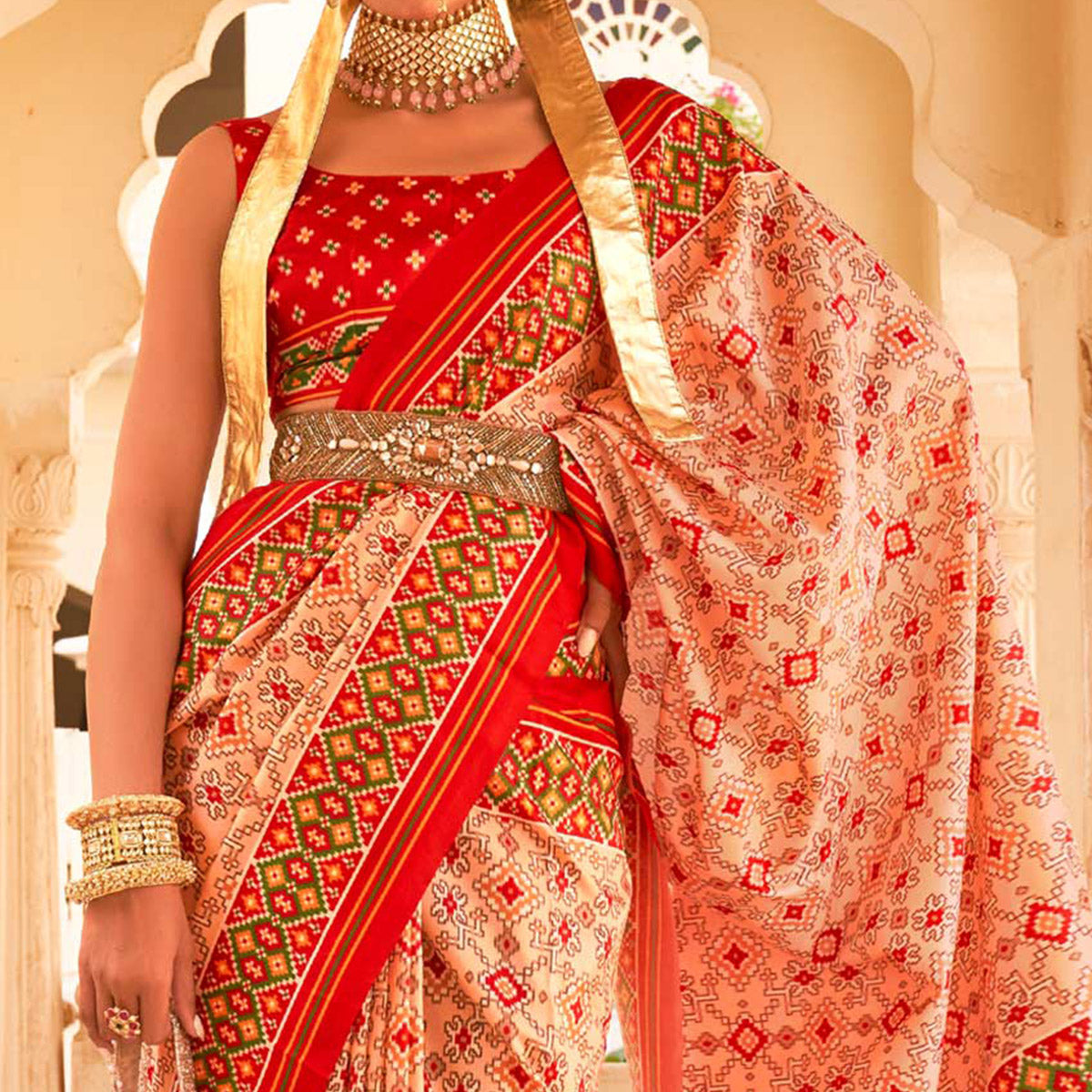 Light Peach & Red Printed Tussar Silk Saree With Tassels