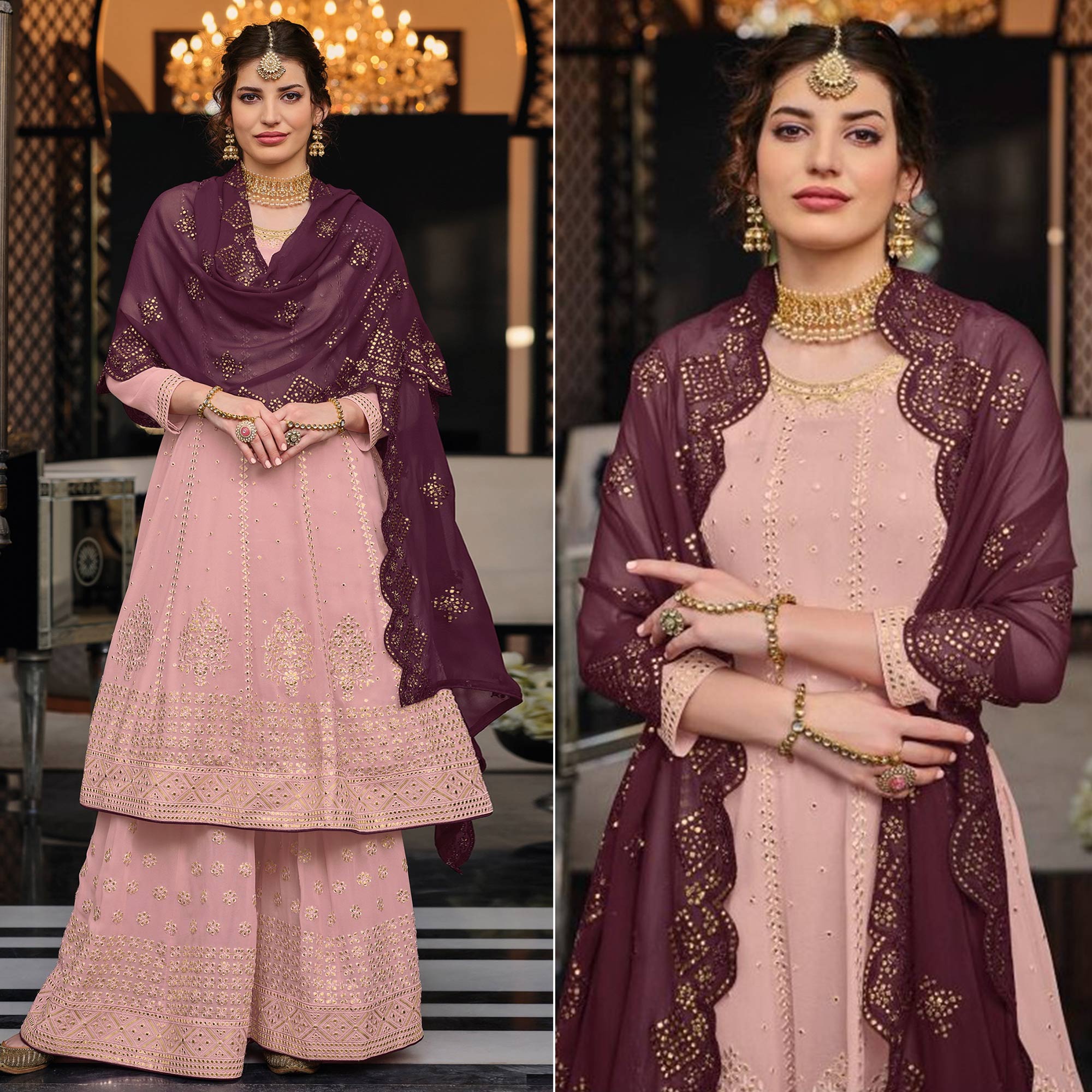 Peach Mirror Embroidered Georgette Sharara Suit