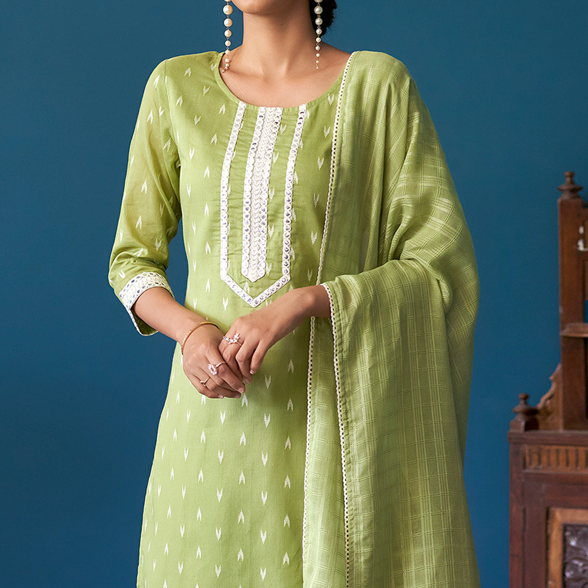 Green Embroidered Pure Cotton Suit