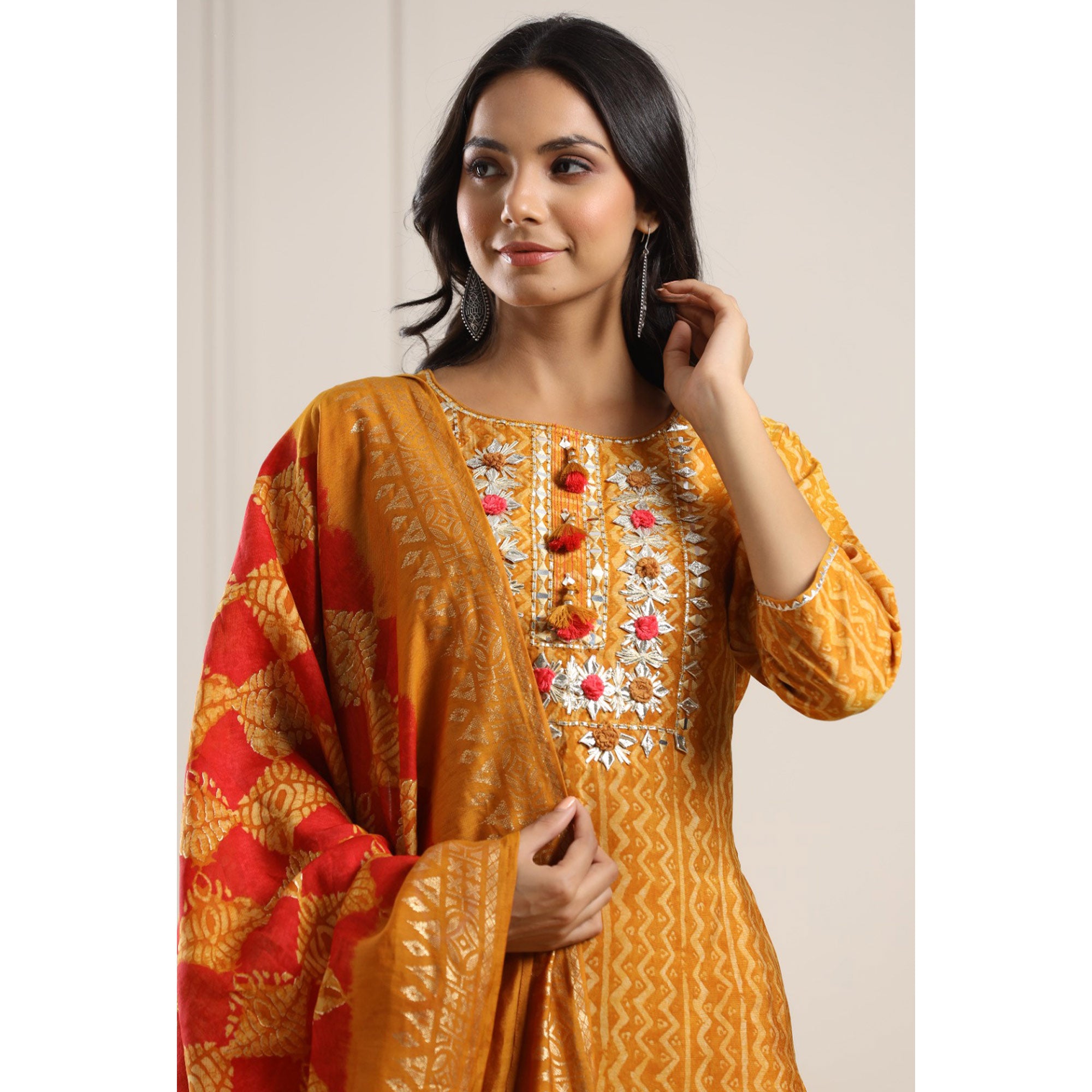 Mustard Printed With Gota Work Chanderi Salwar Suit