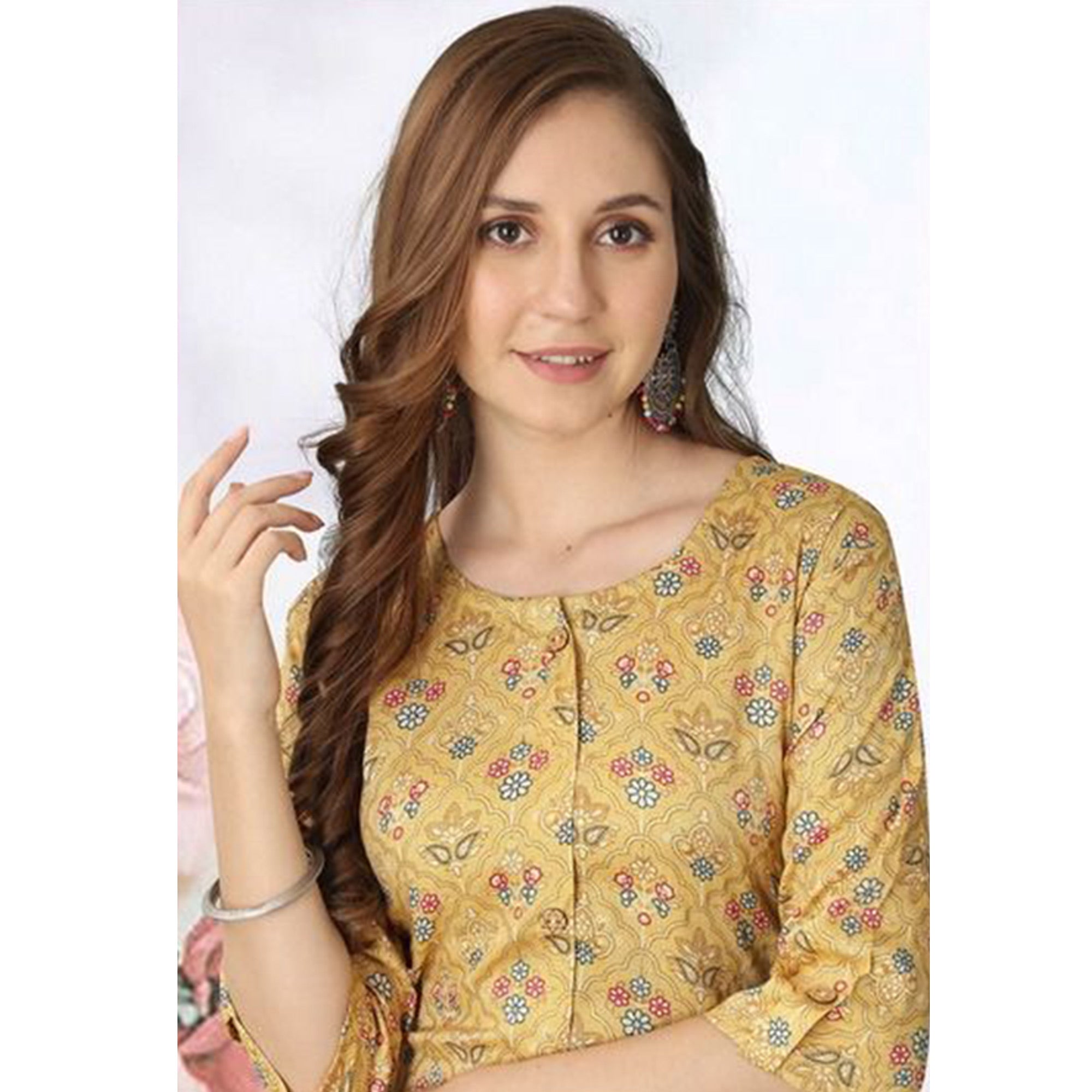 Yellow Foil Printed Rayon Kurti