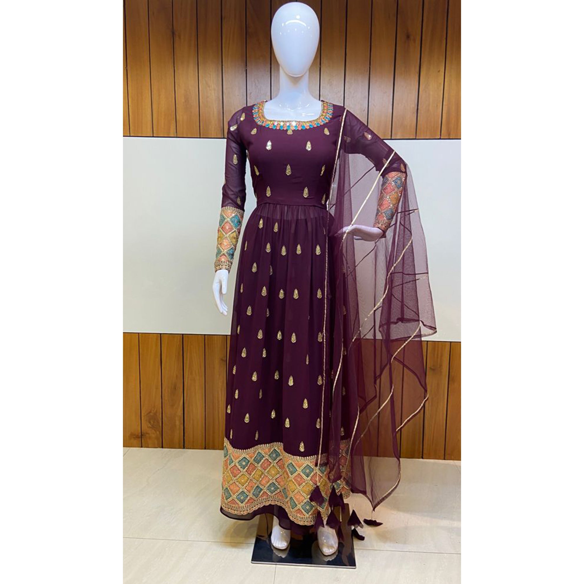 Wine Sequins Embroidered Georgette Naira Cut Suit