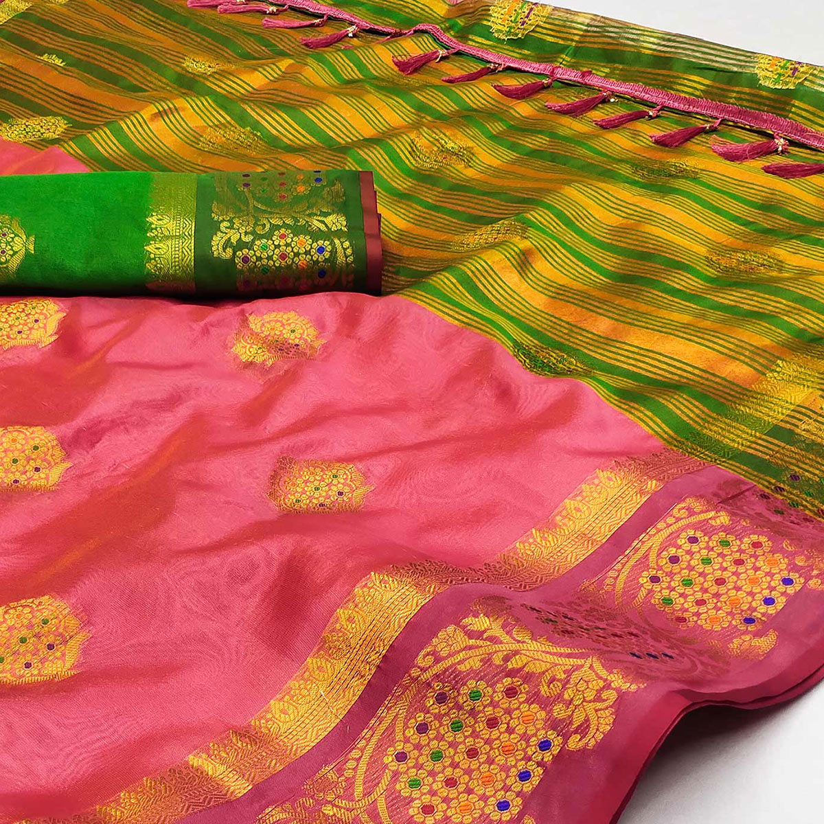 Pink Floral Woven Organza Saree With Tassels