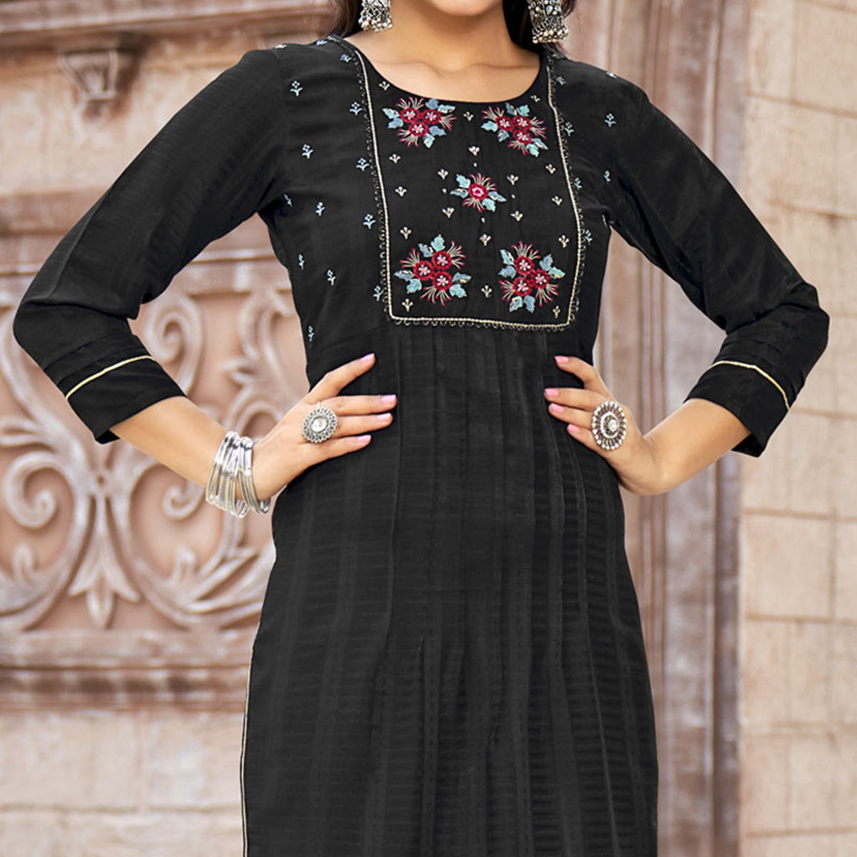 Black Embroidered Rayon Kurti