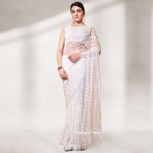 White Sequins Floral Embroidered Soft Net Saree