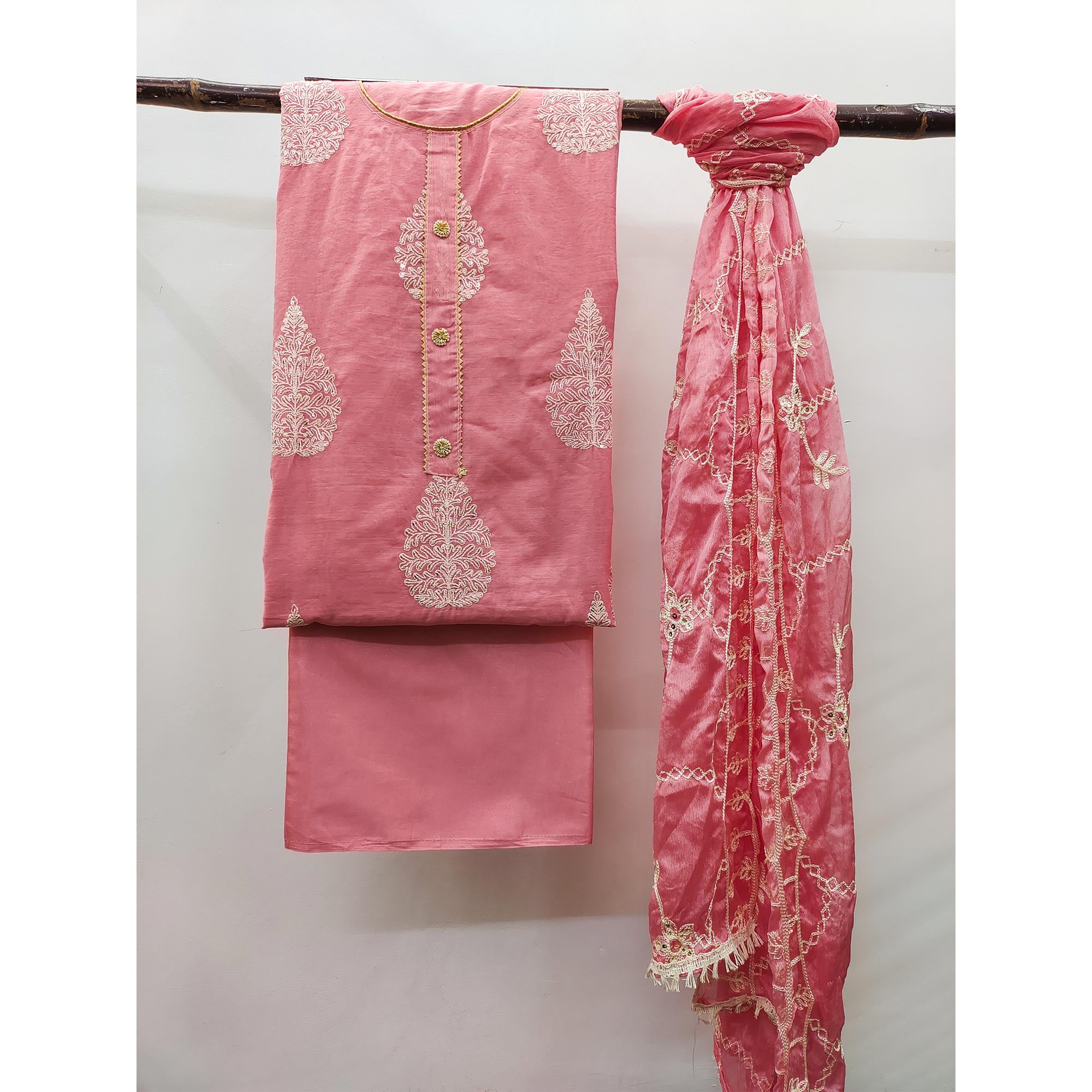 Pink Embroidered Chanderi Dress Material