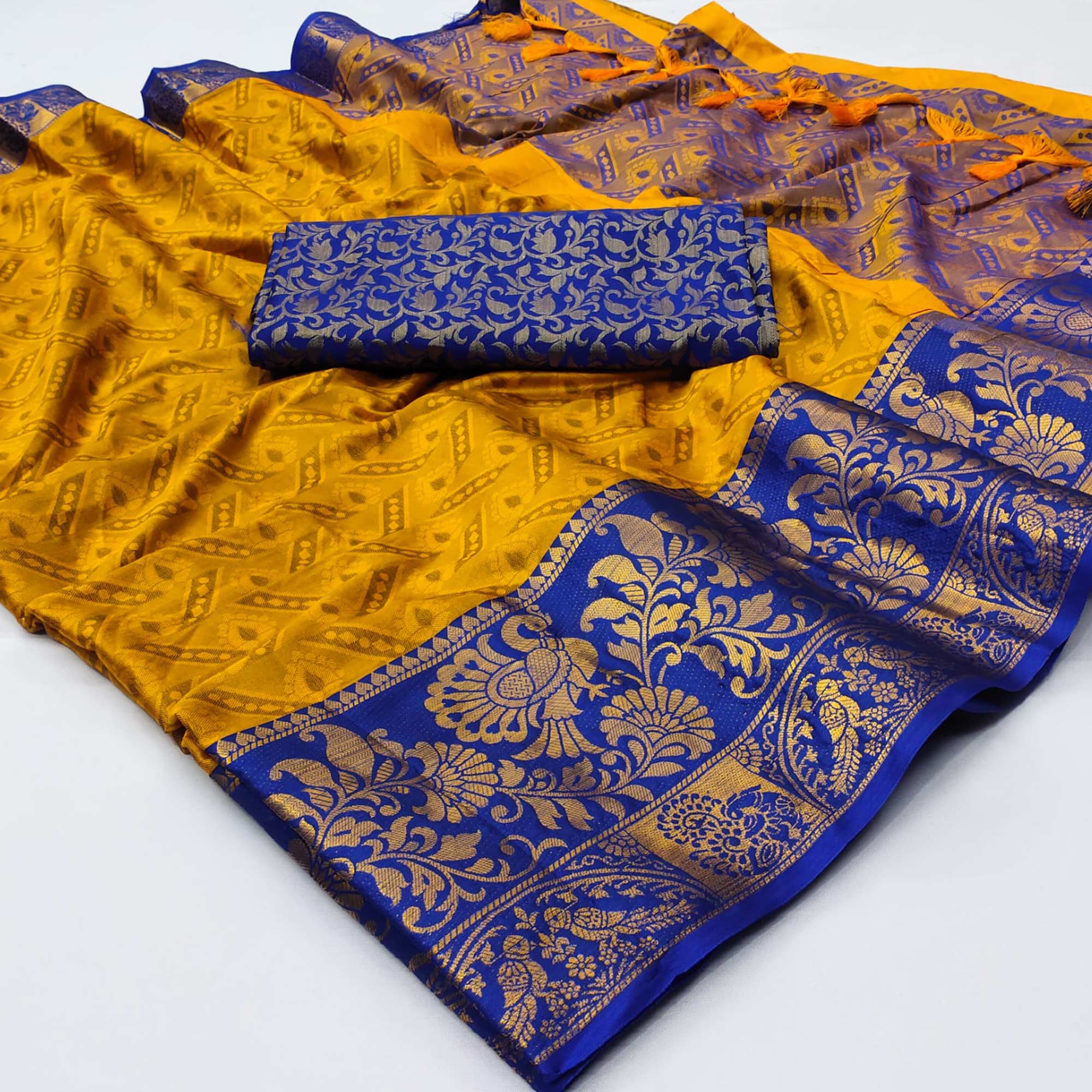 Golden Woven Cotton Silk Saree With Tassels