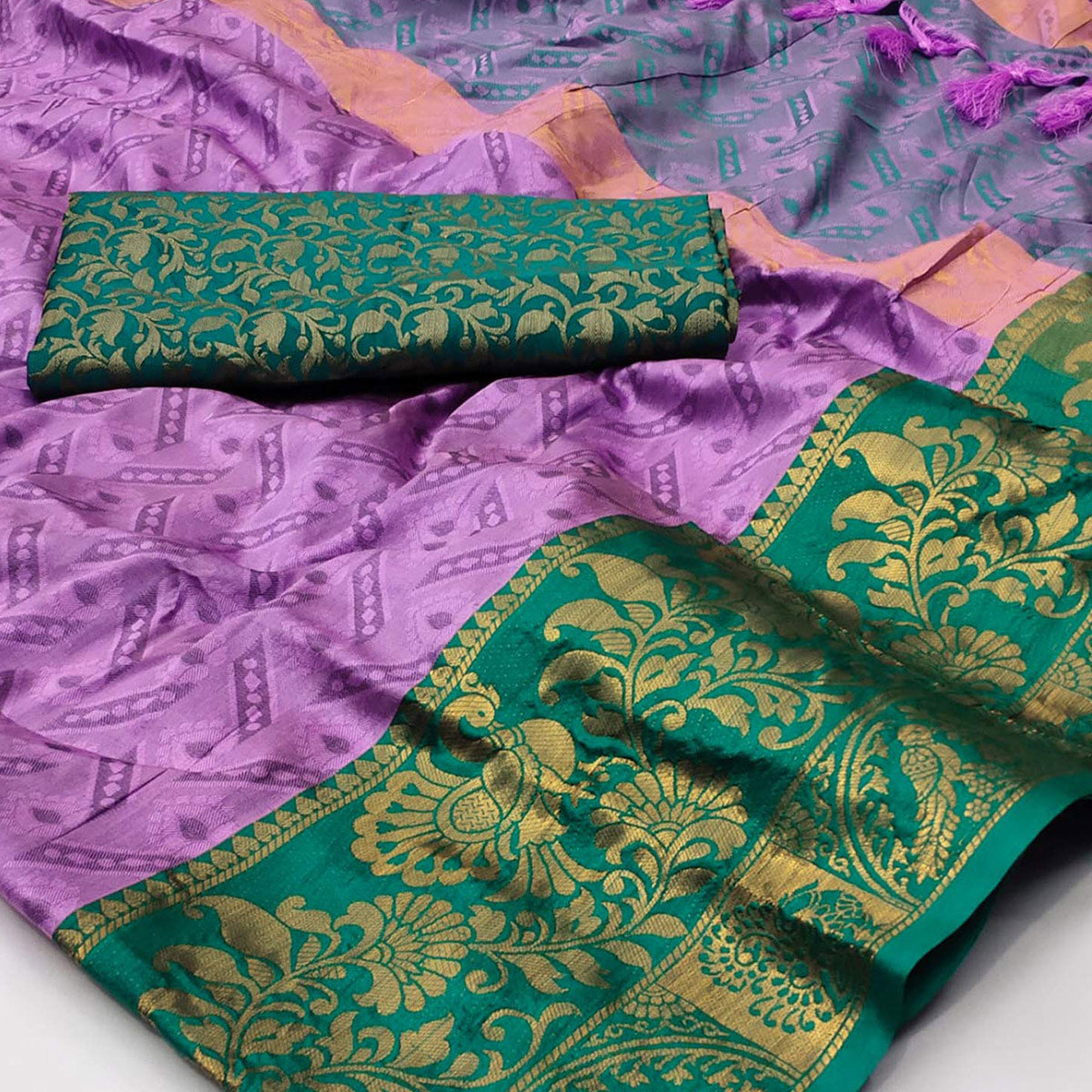 Lavender Woven Cotton Silk Saree With Tassels