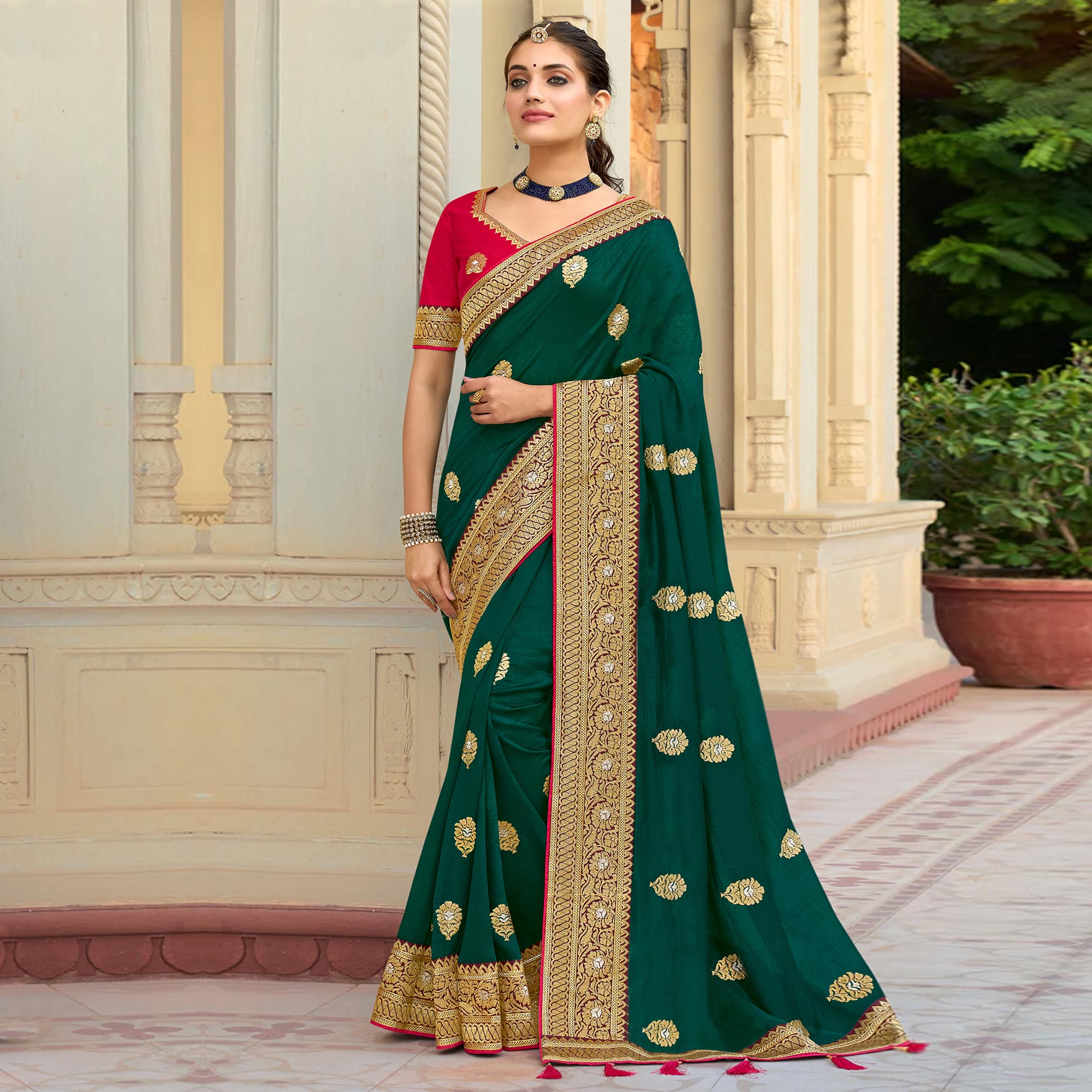 Green Embroidered Vichitra Silk Saree With With Tassels
