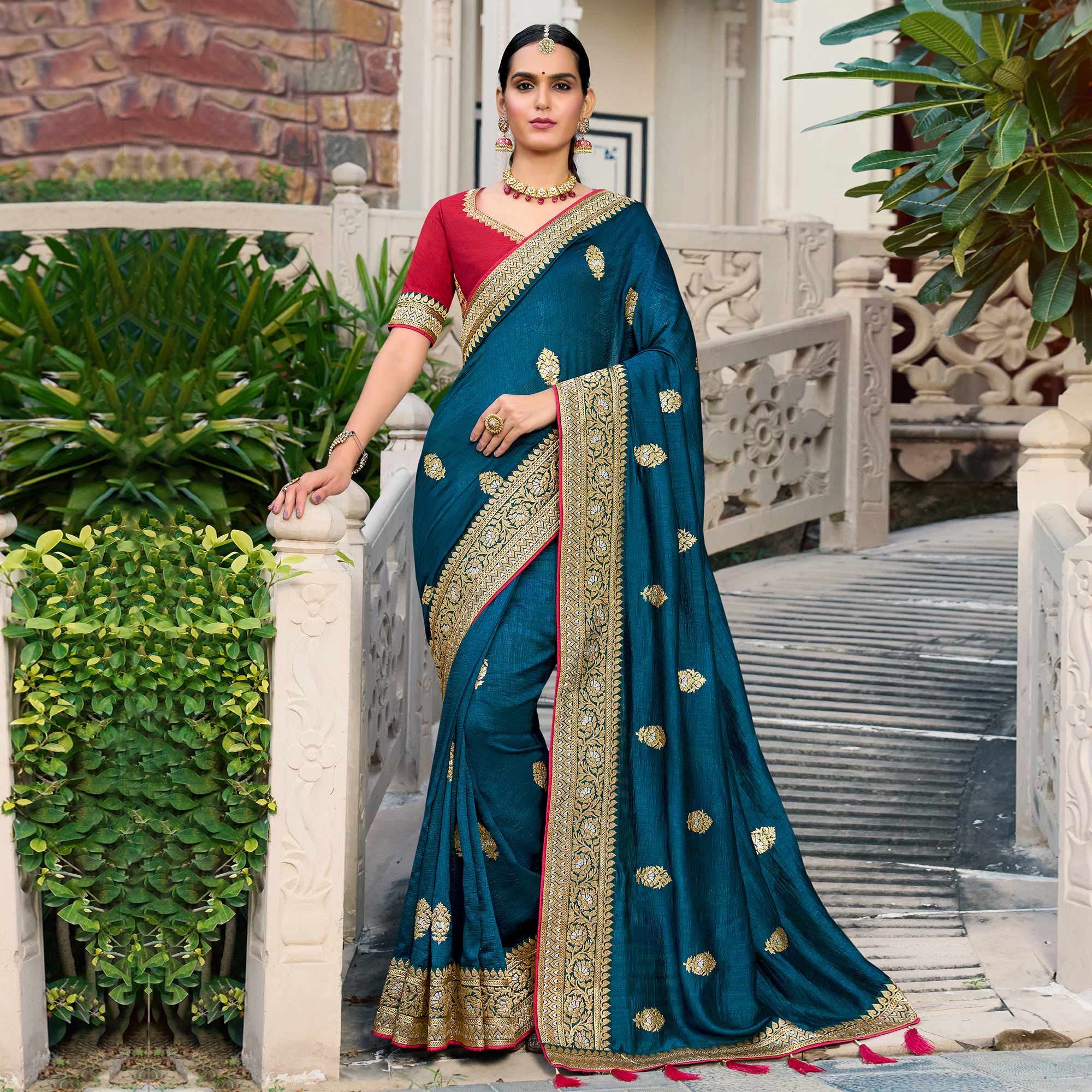 Teal Blue Embroidered Vichitra Silk Saree With With Tassels