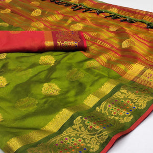 Green Floral Woven Organza Saree With Tassels