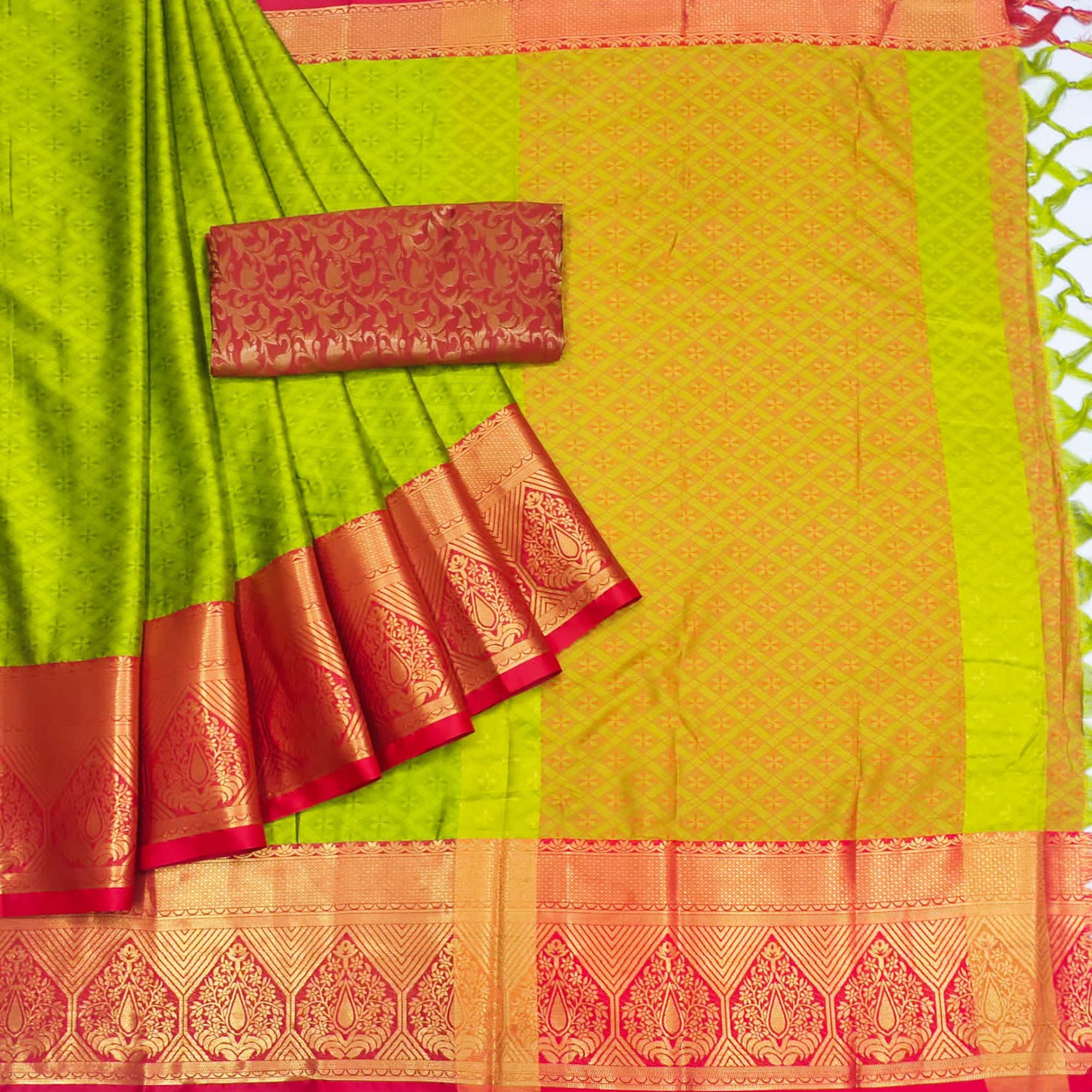 Green Woven Cotton Silk Saree With Tassels