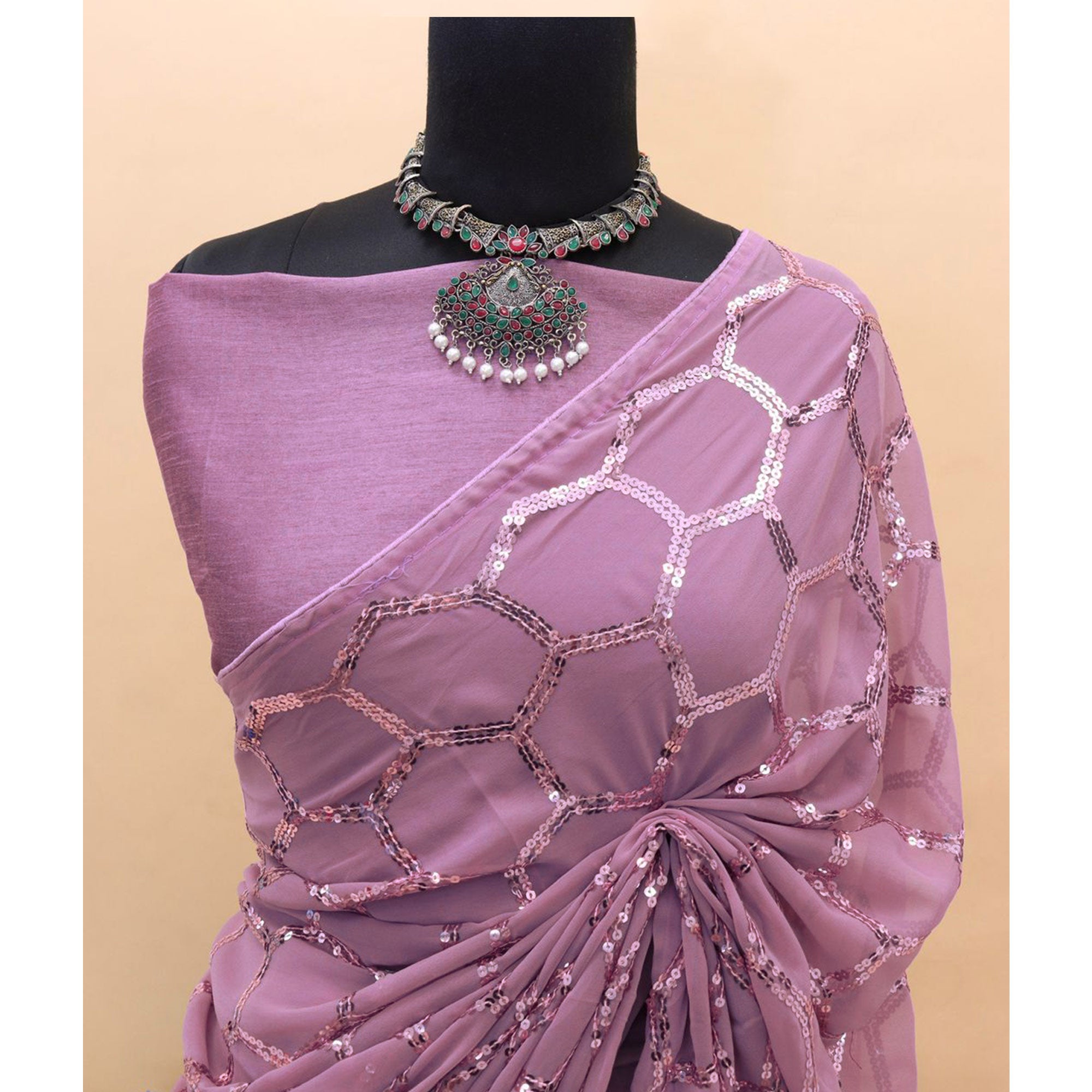 Purple Sequins Embroidered Georgette Saree
