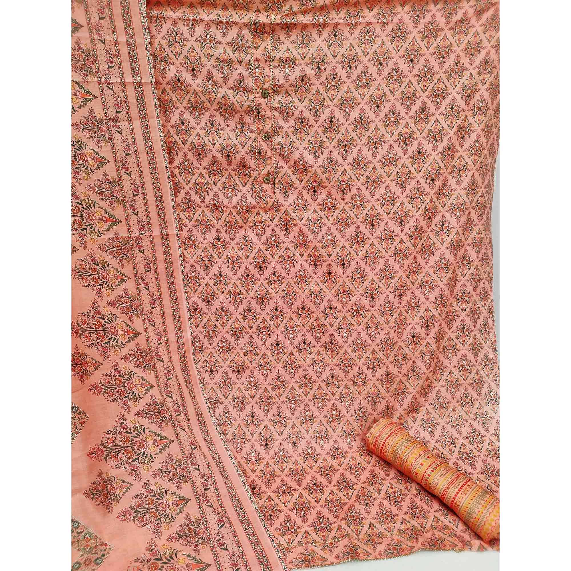 Peach Floral Printed Cotton Blend Dress Material