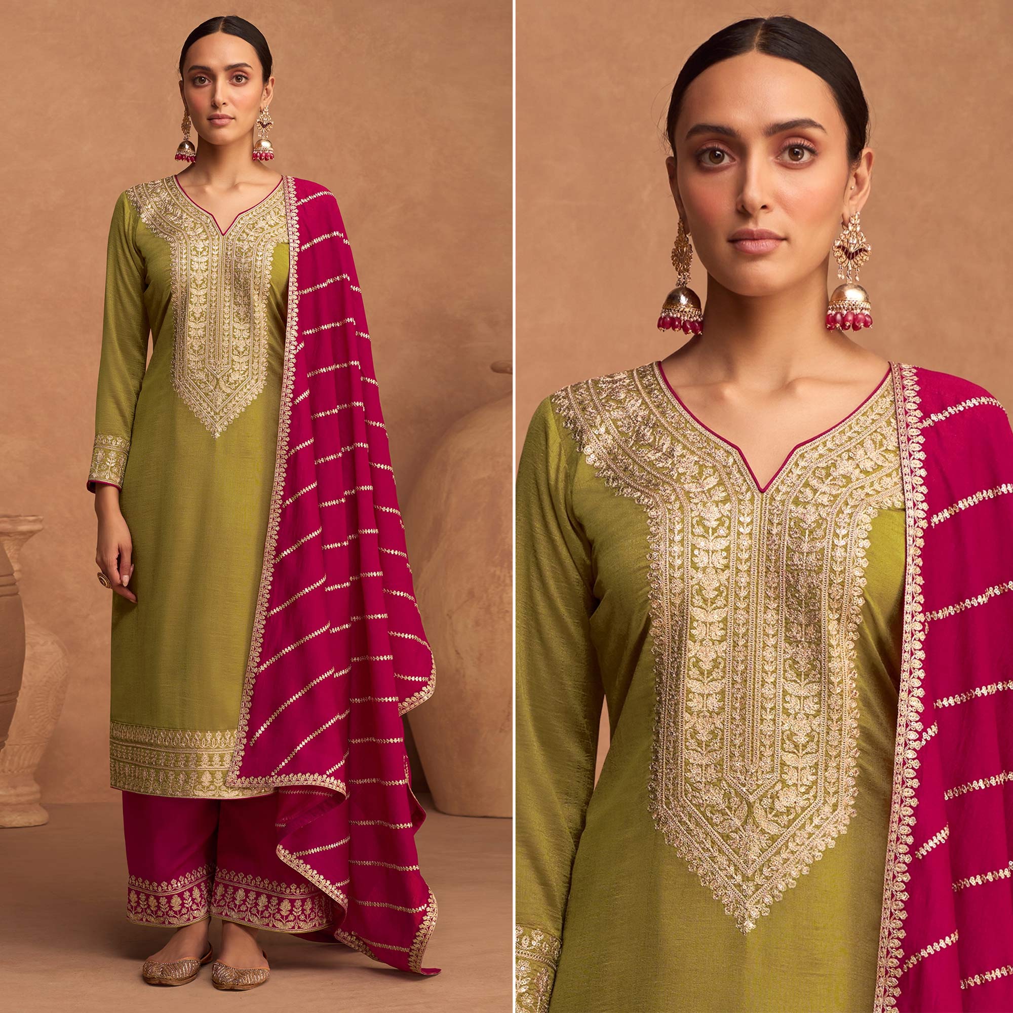 Green Floral Sequins Embroidered Art Silk Semi Stitched Suit