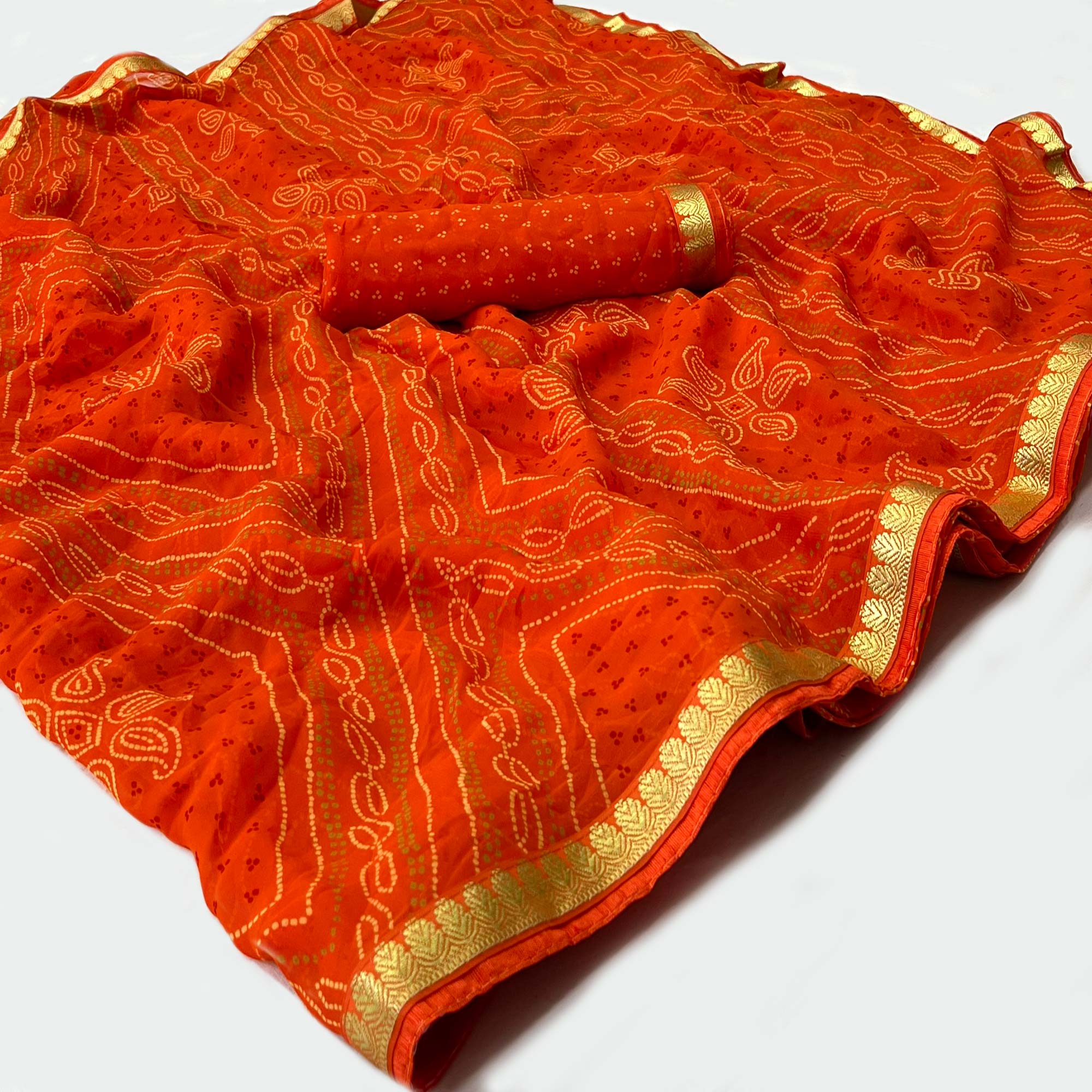 Orange Bandhani Printed Georgette Saree With Designer Border