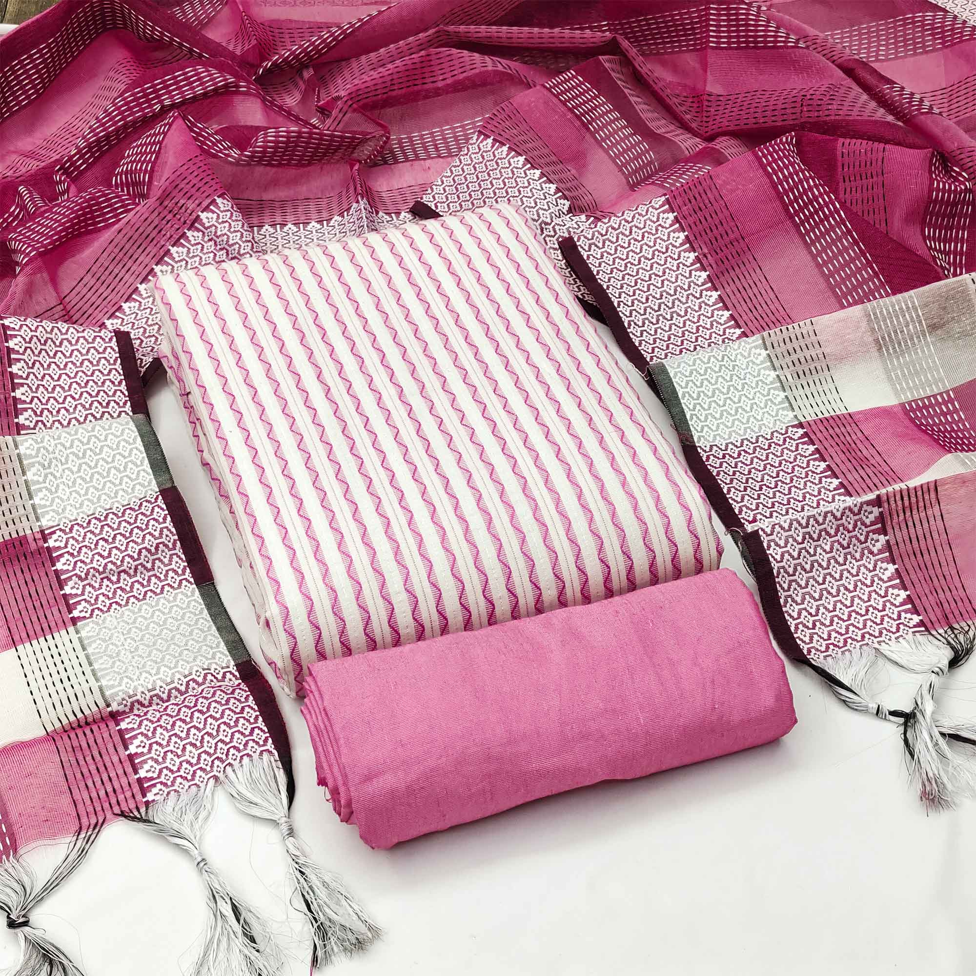 Pink Striped Printed With Woven Cotton Blend Dress Material