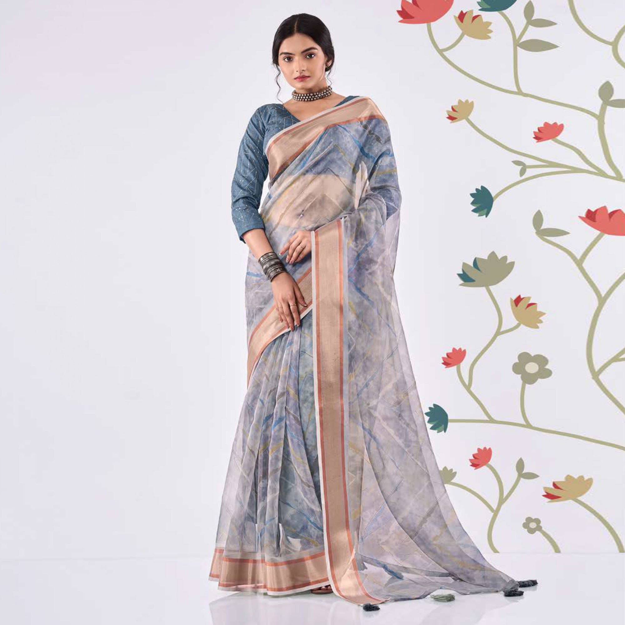 Grey Printed Organza Saree With Woven Border