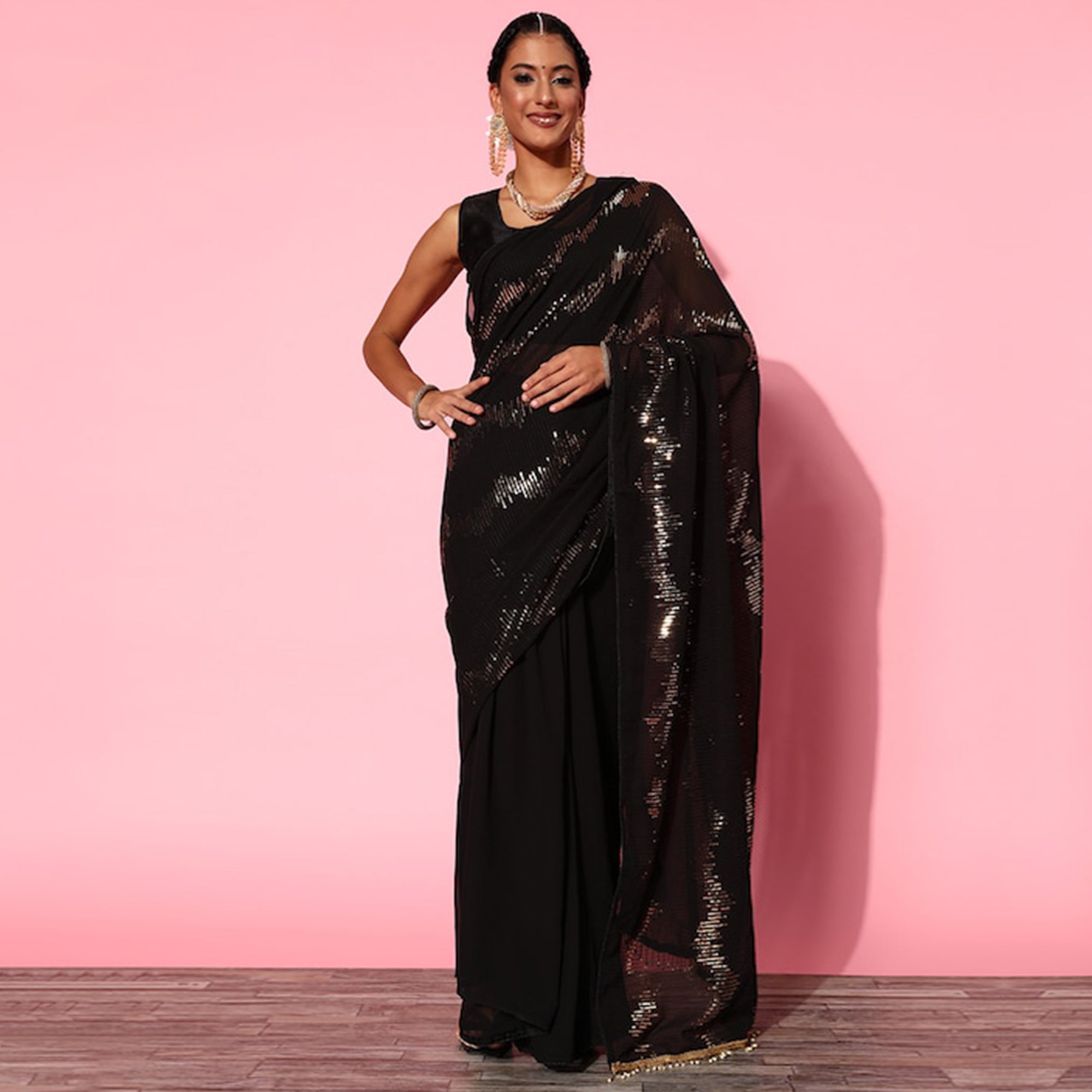 Black Sequins Embroidered Georgette Saree