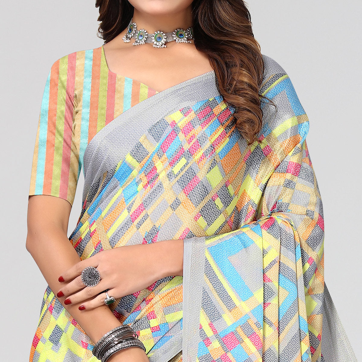 Grey Geometric Printed Chiffon Saree