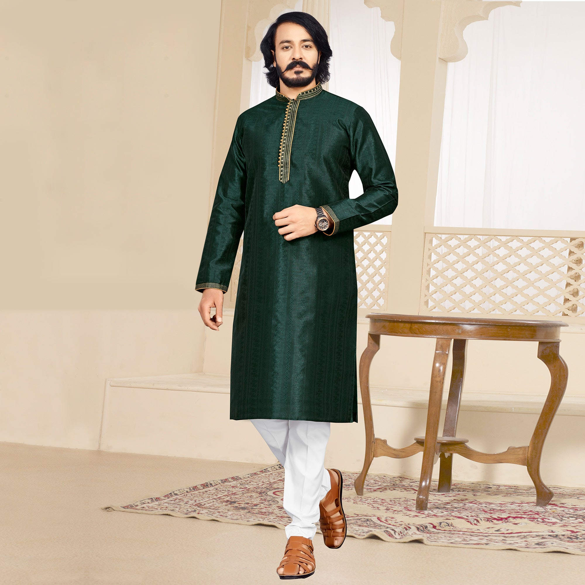 Green Woven Jacquard Kurta Pyjama Set