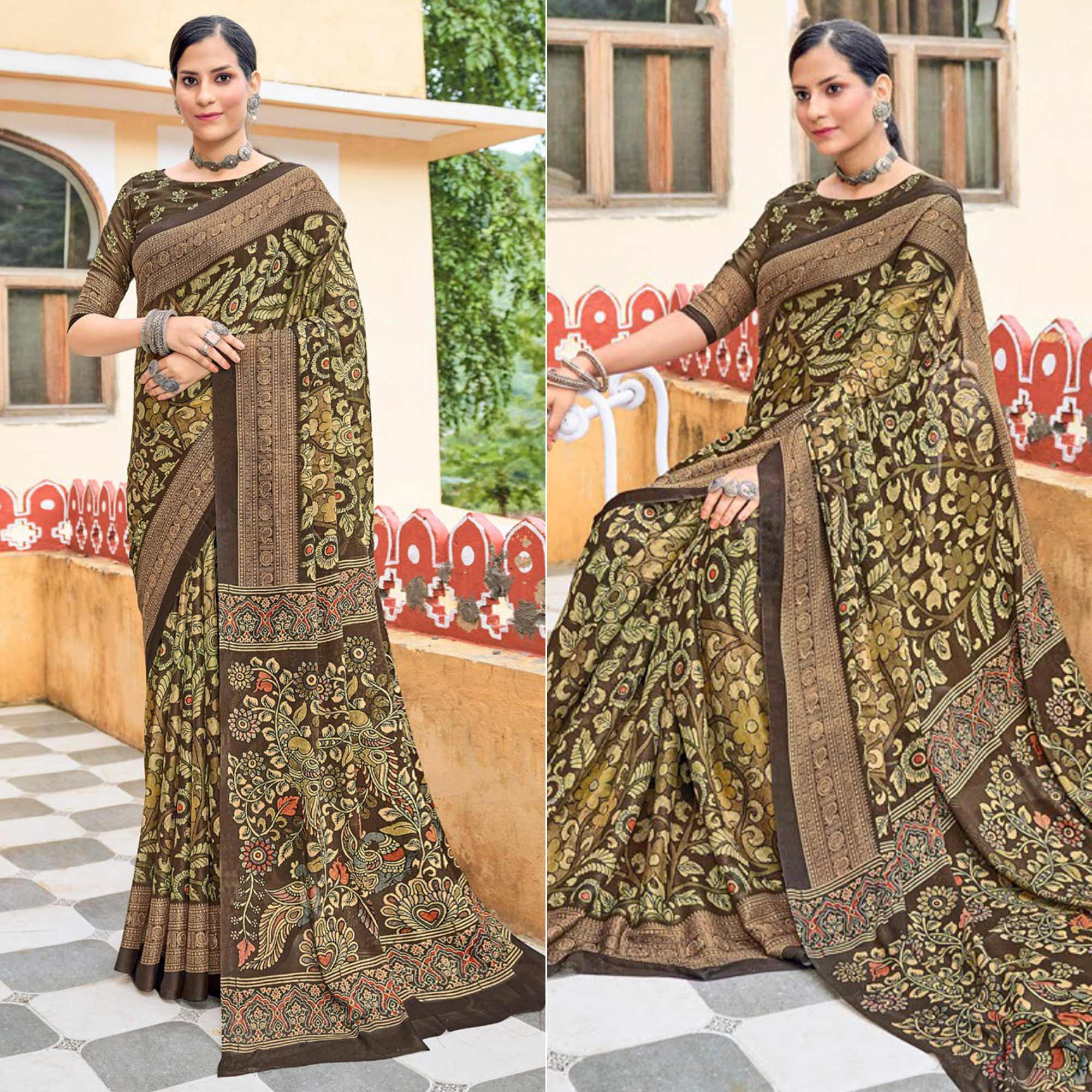 Brown-Green Floral Printed Georgette Saree