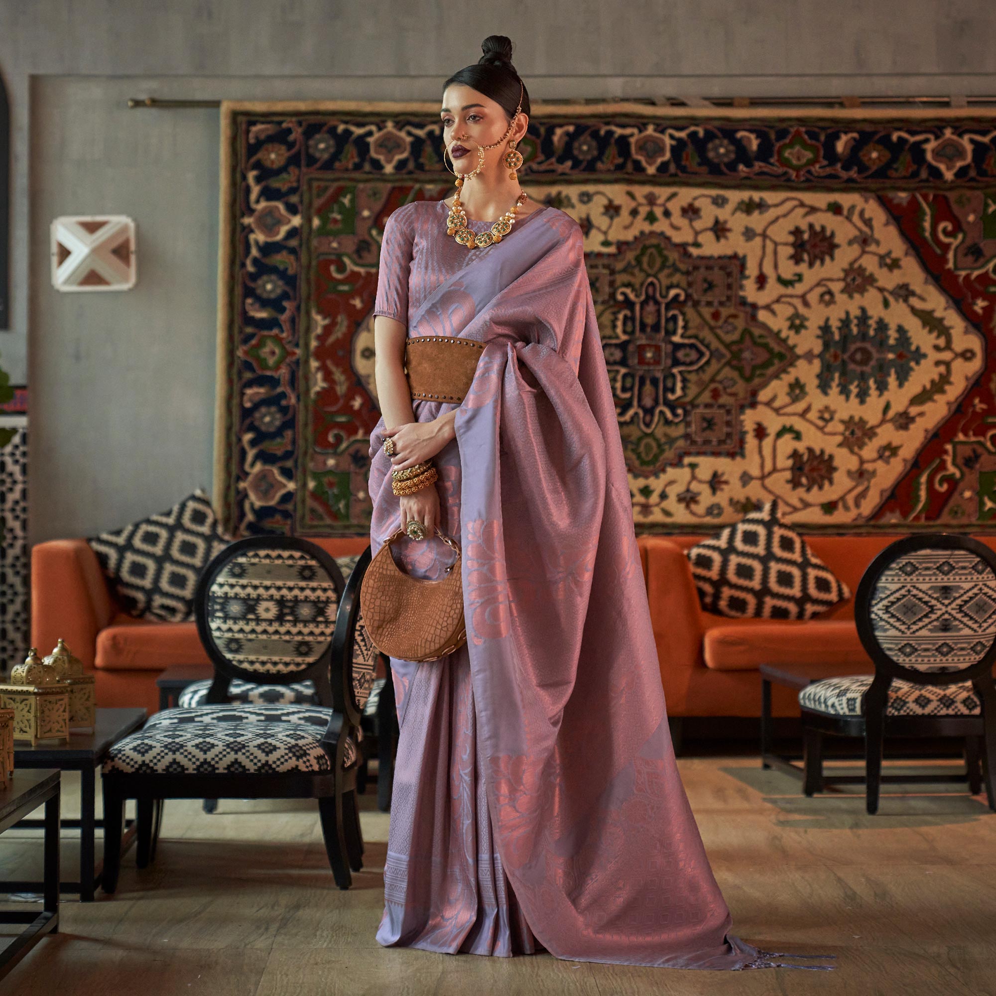 Raddish Grey Woven Art Silk Saree With Tassels