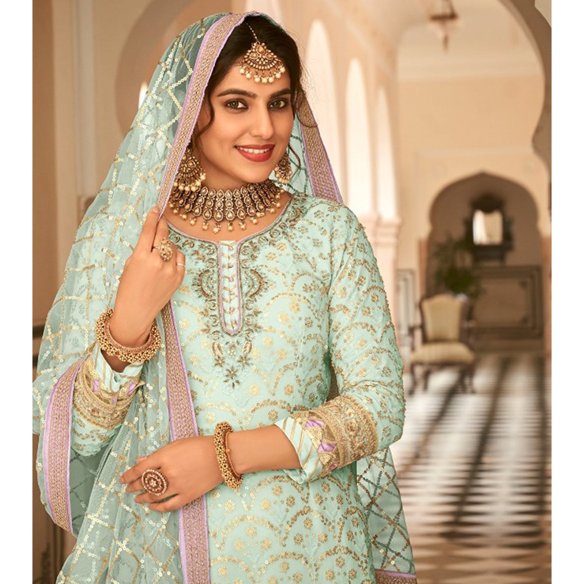 Green Woven Georgette Sharara Suit