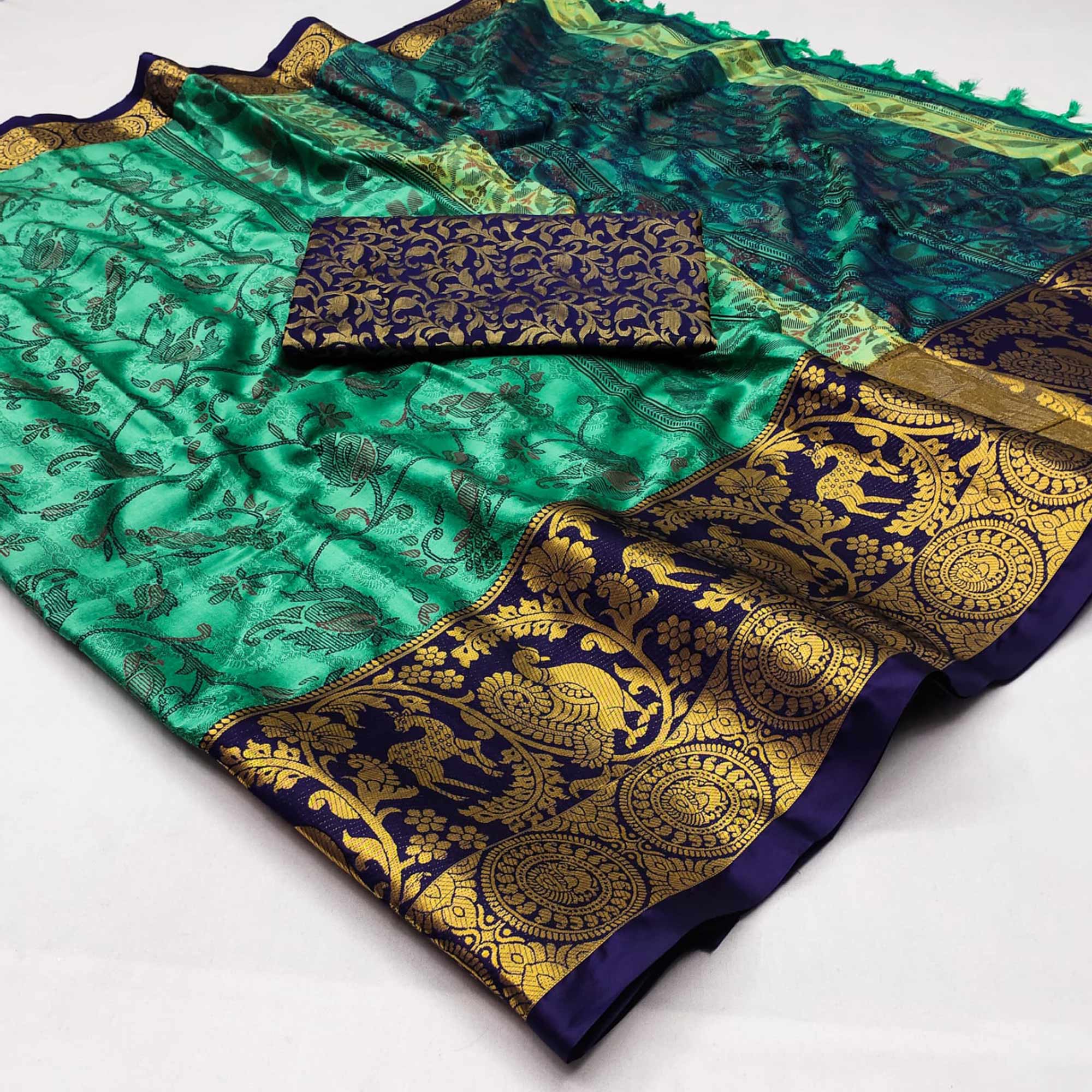 Rama Green Printed With Woven Border Cotton Silk Saree