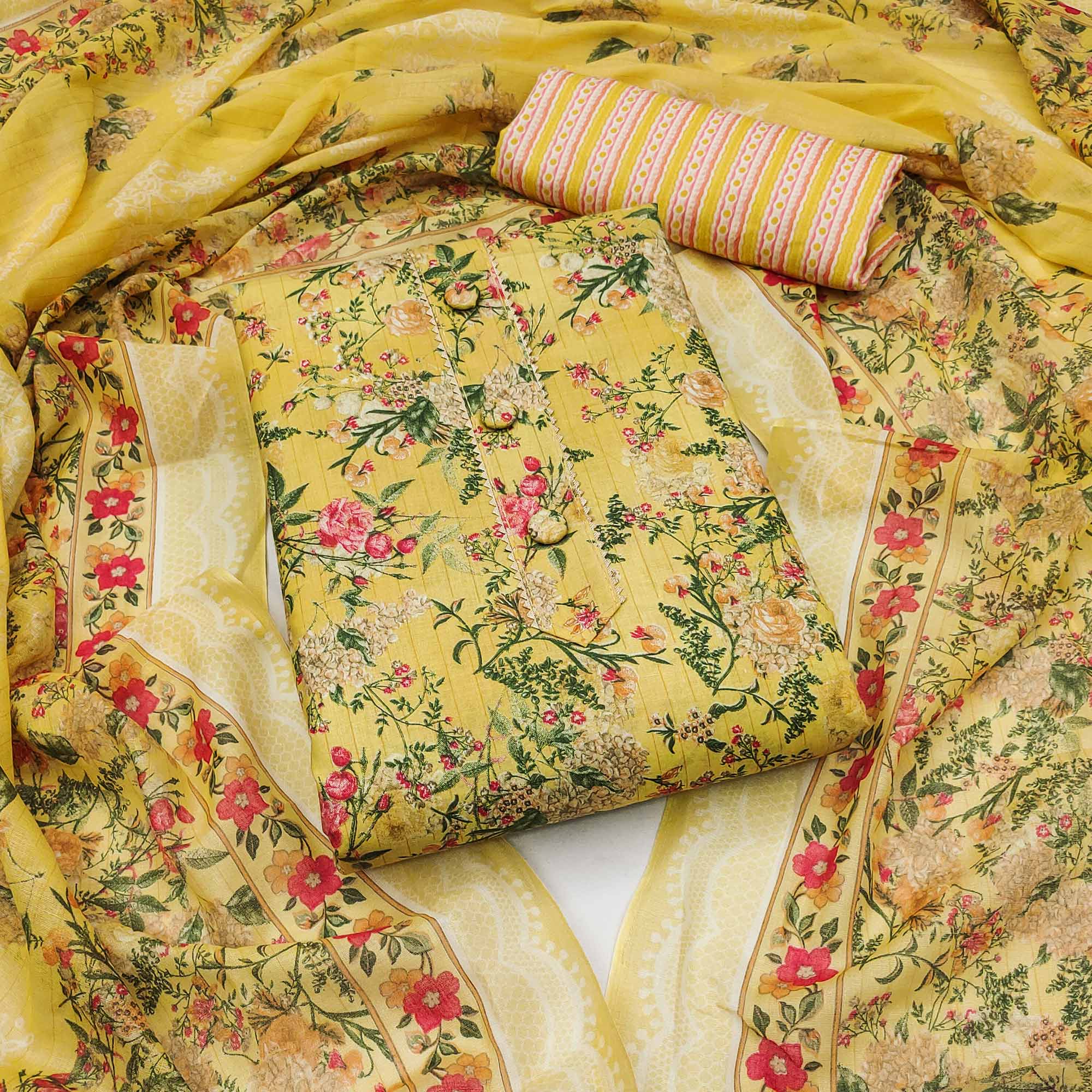 Yellow Floral Printed Printed Cotton Blend Dress Material
