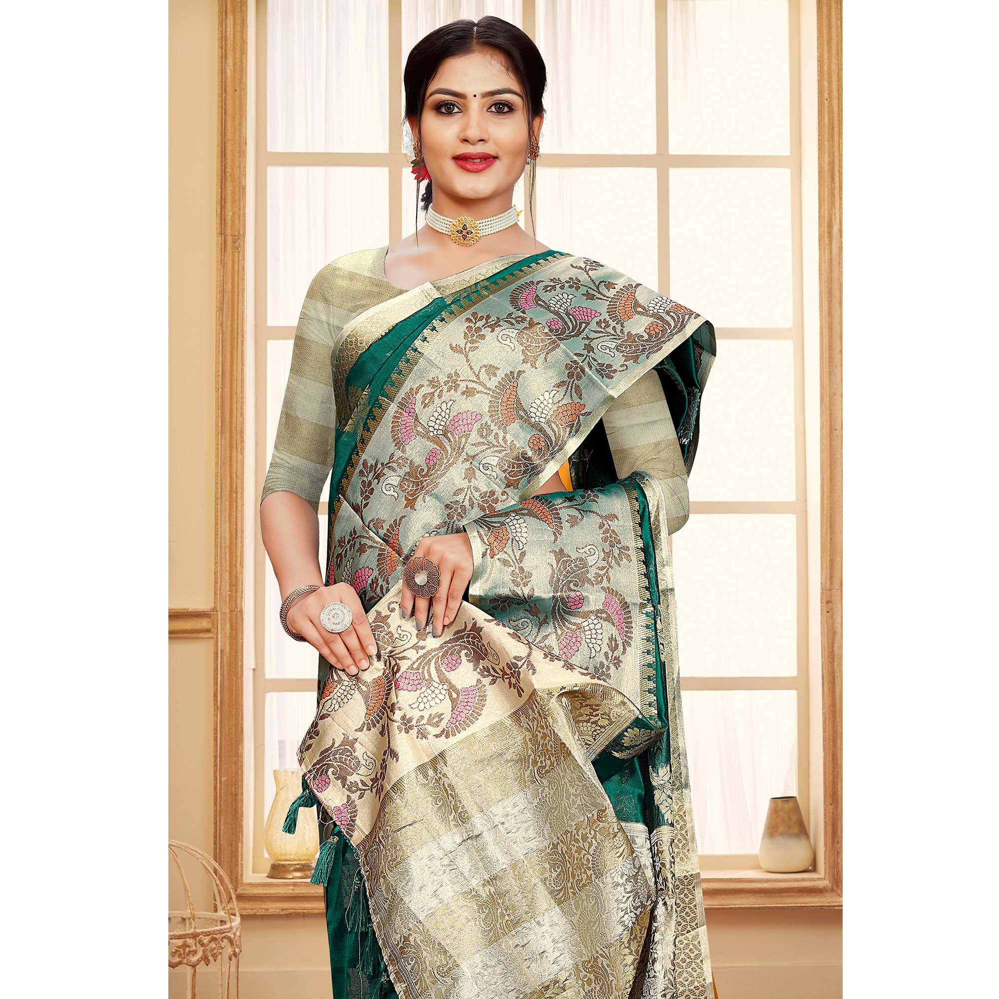 Green Floral Woven Organza Saree With Tassels